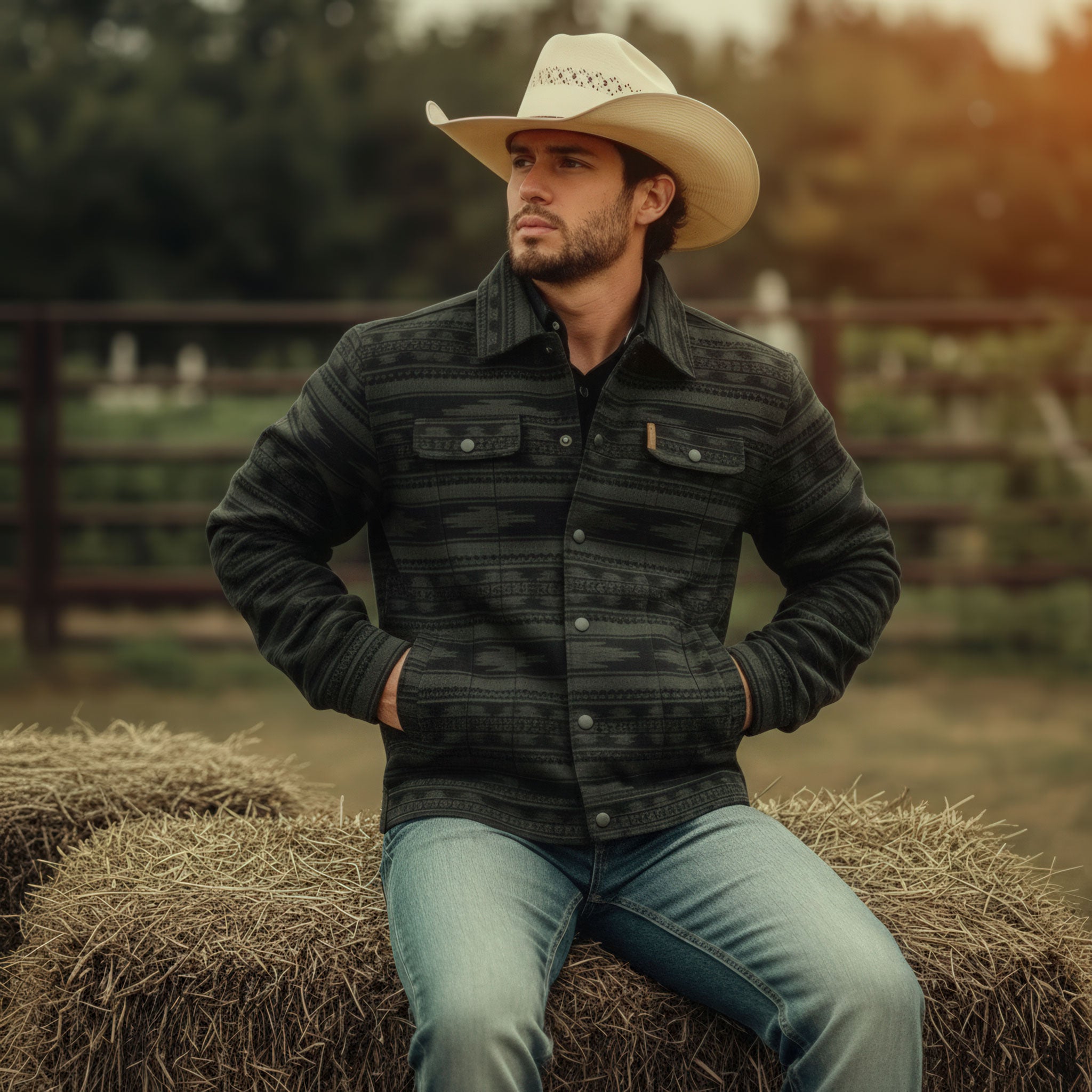 A man wearing a cowboy hat, dark patterned jacket, and jeans sits on hay bales outdoors with his hands in his pockets