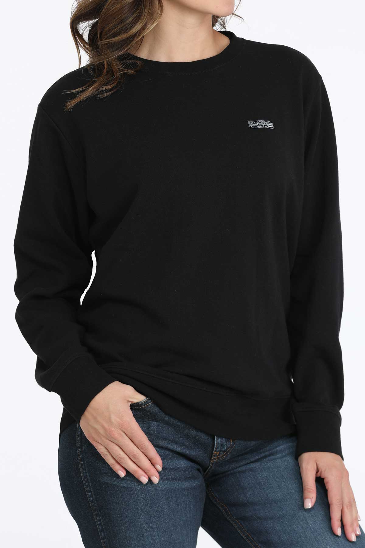 Person wearing a black sweatshirt with a logo on a white background