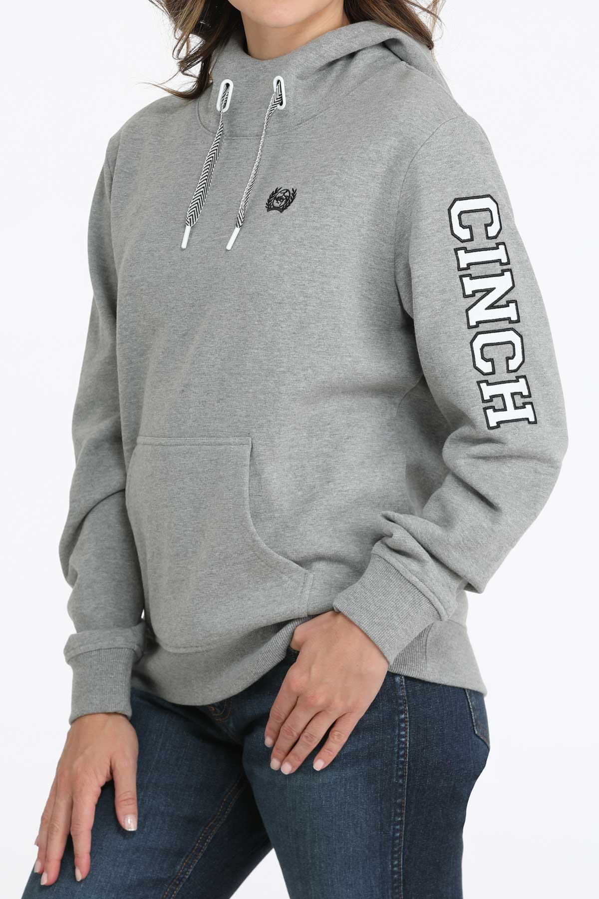 Gray hoodie with 'CINCH' branding on a white background