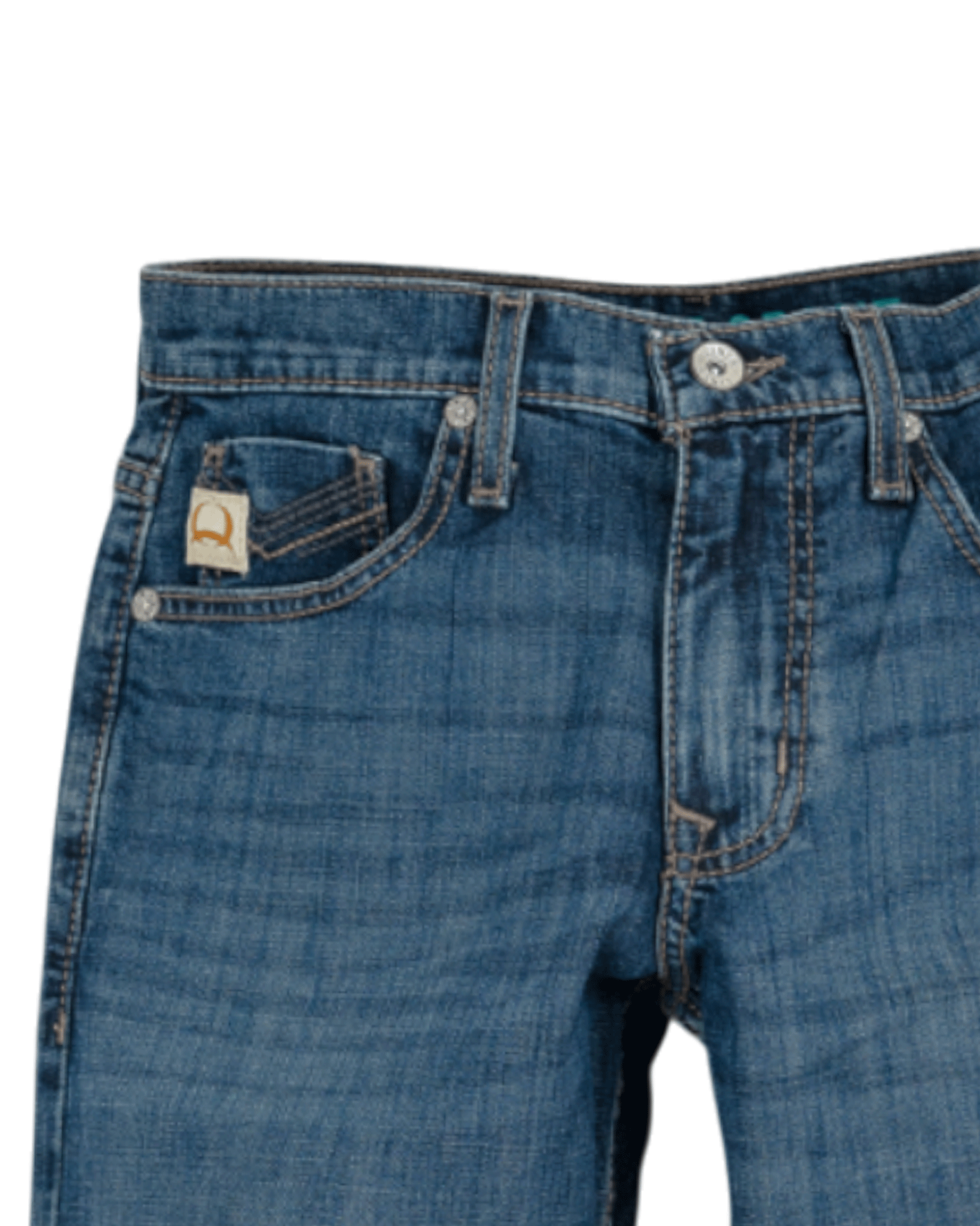 Close-up of the front of blue denim jeans with light fading, featuring a coin pocket with a small embroidered patch, belt loops, and a button closure with a zipper fly.