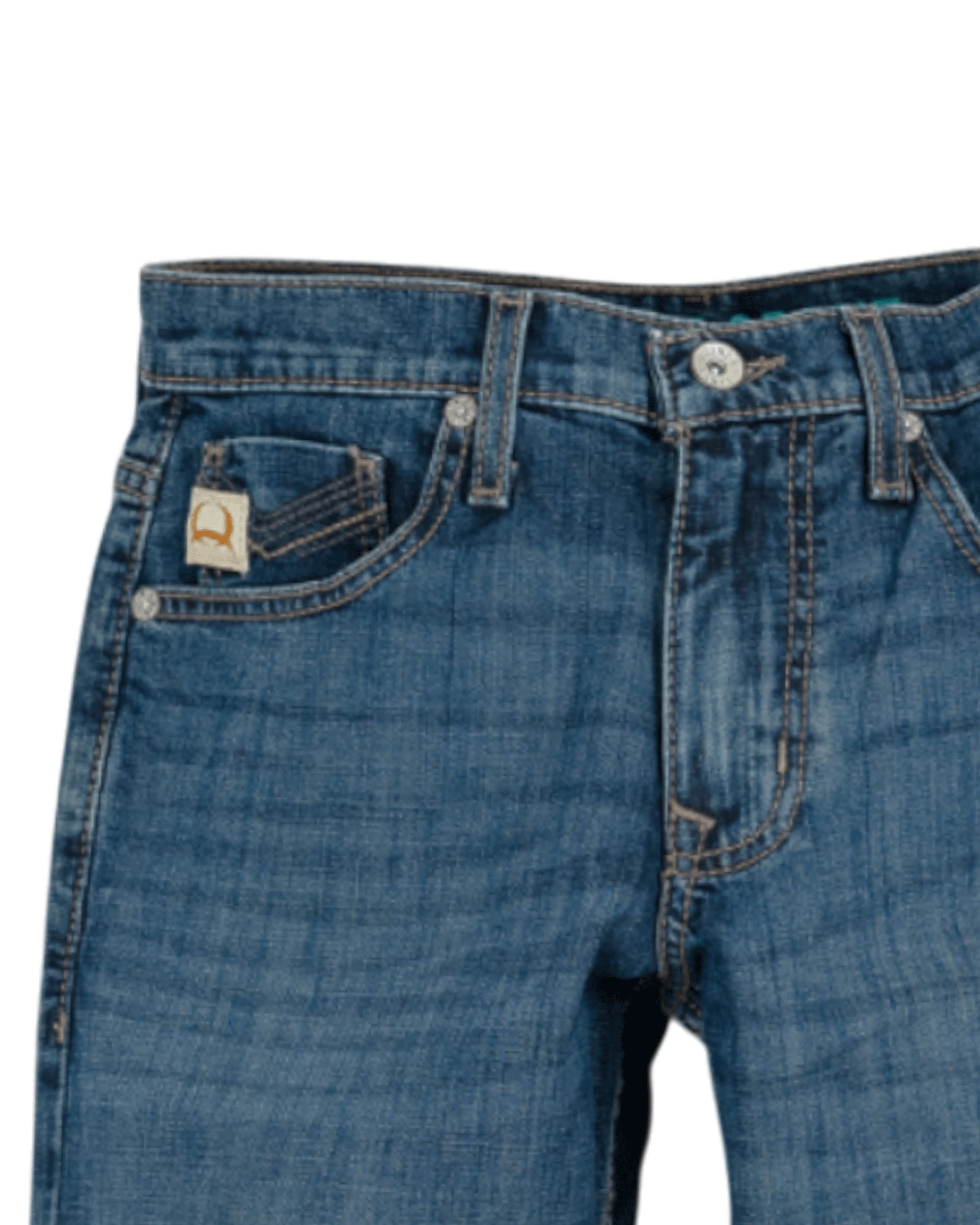 Close-up of the front of blue denim jeans with light fading, featuring a coin pocket with a small embroidered patch, belt loops, and a button closure with a zipper fly.