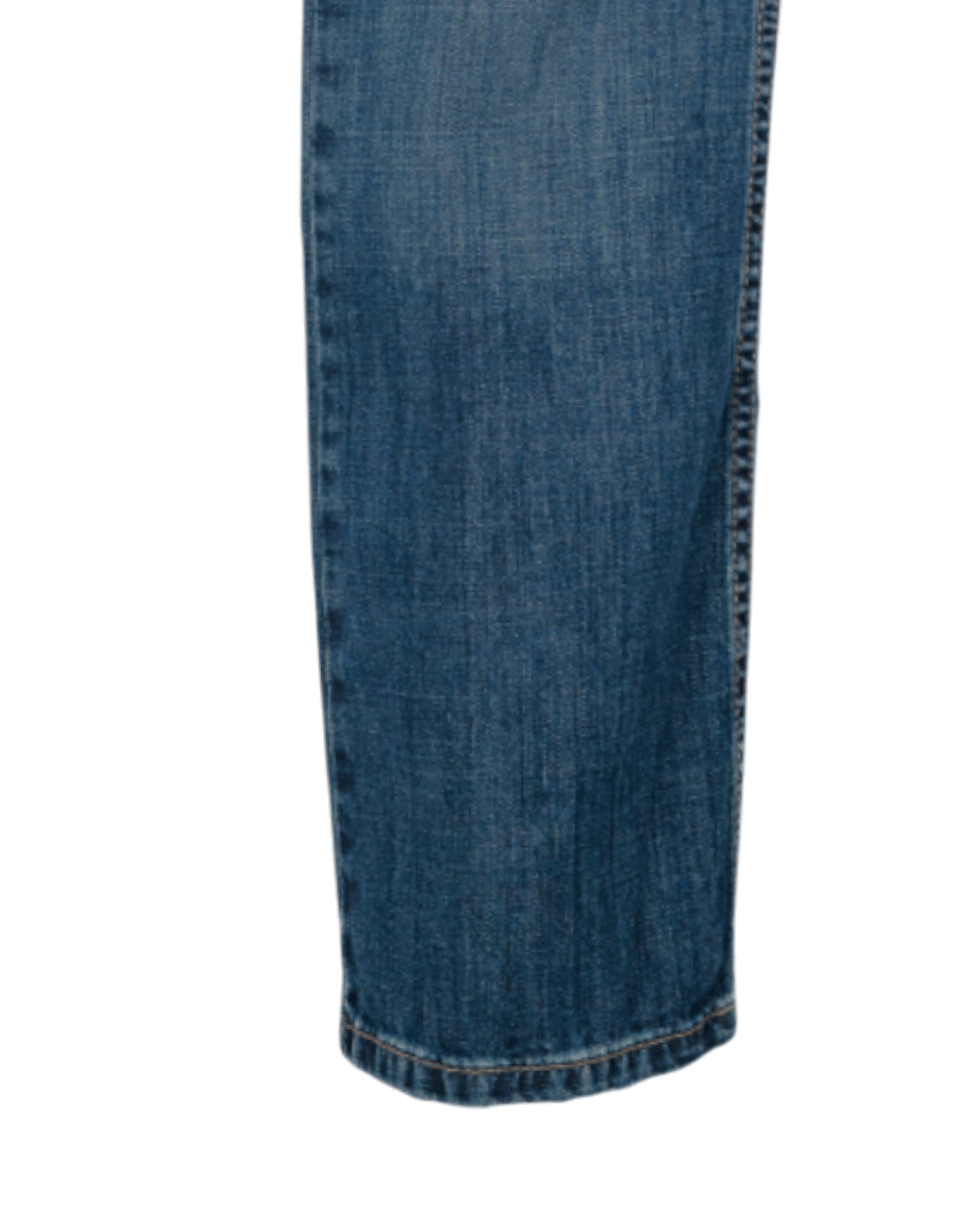 Close-up of the bottom right leg on a pair of blue jeans