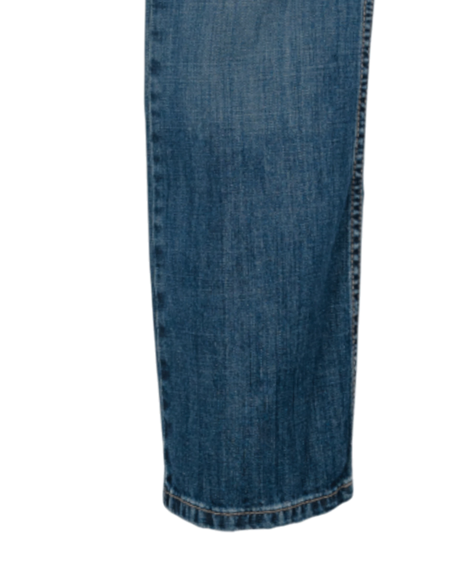 Close-up of the bottom right leg on a pair of blue jeans