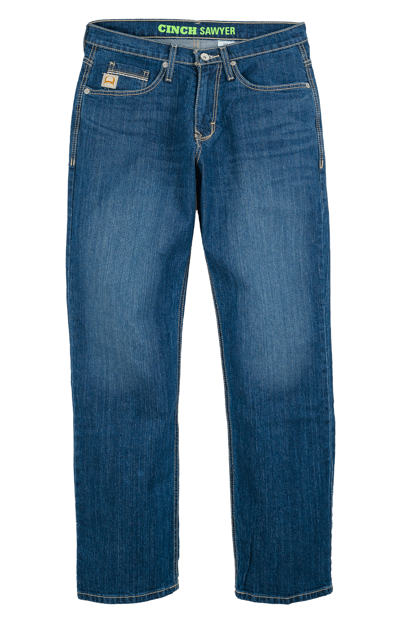 Blue jeans with 'Cinch Sawyer' branding on a white background
