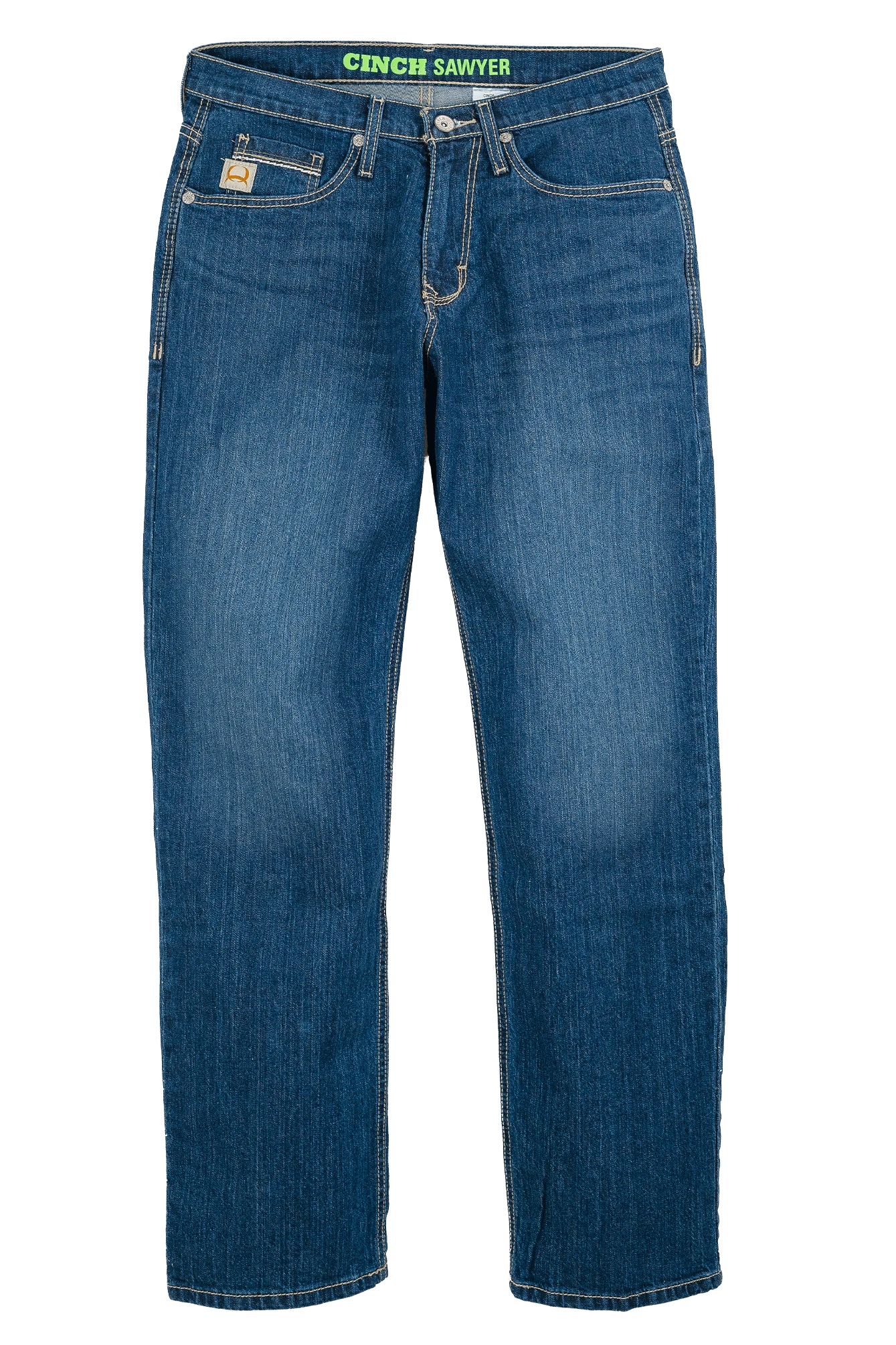 Blue jeans with 'Cinch Sawyer' branding on a white background