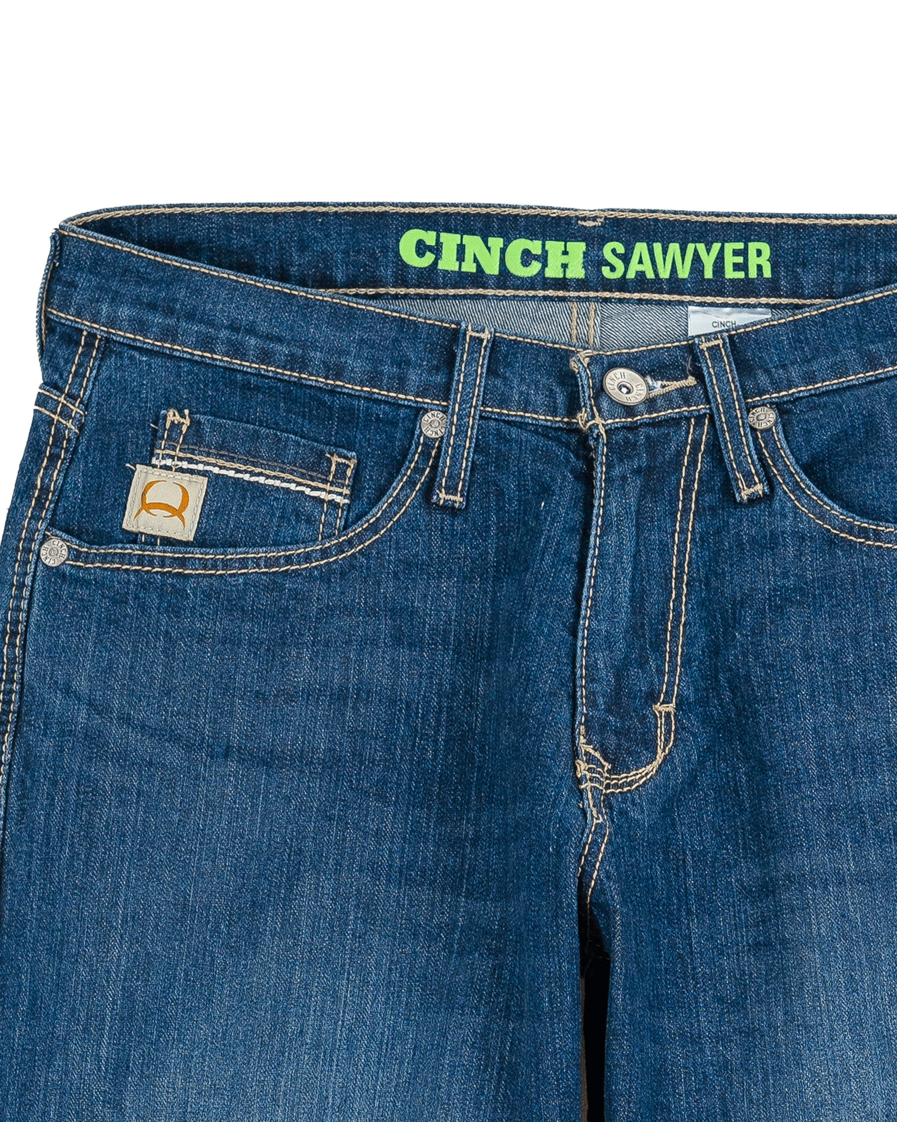 Close-up of blue jeans with 'Cinch Sawyer' branding on a white background