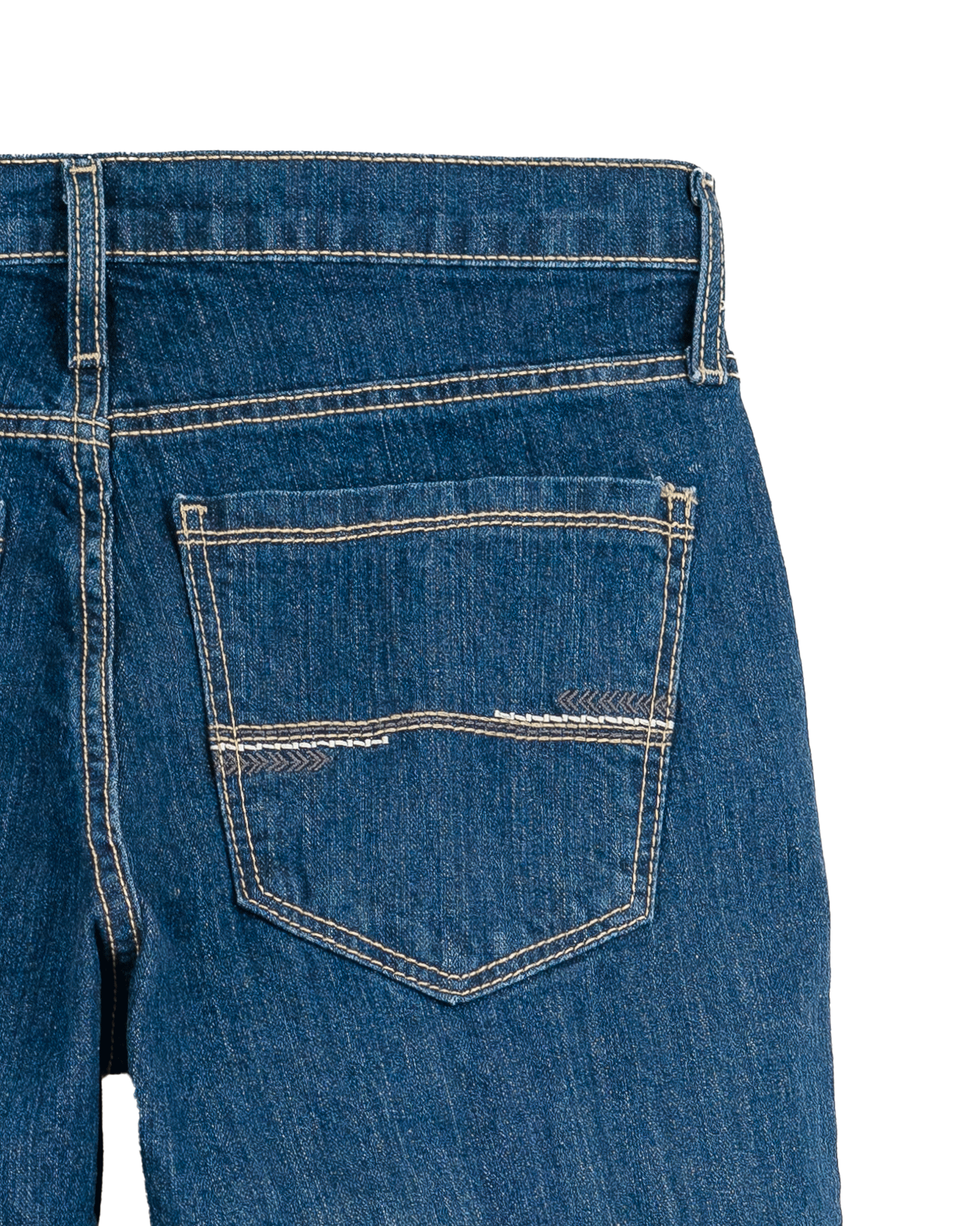 Close-up of blue jeans with a pocket on a white background