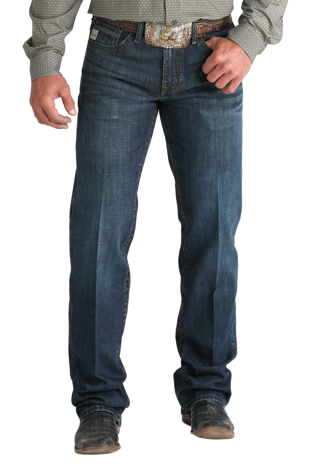 Person wearing blue jeans and a belt on a white background