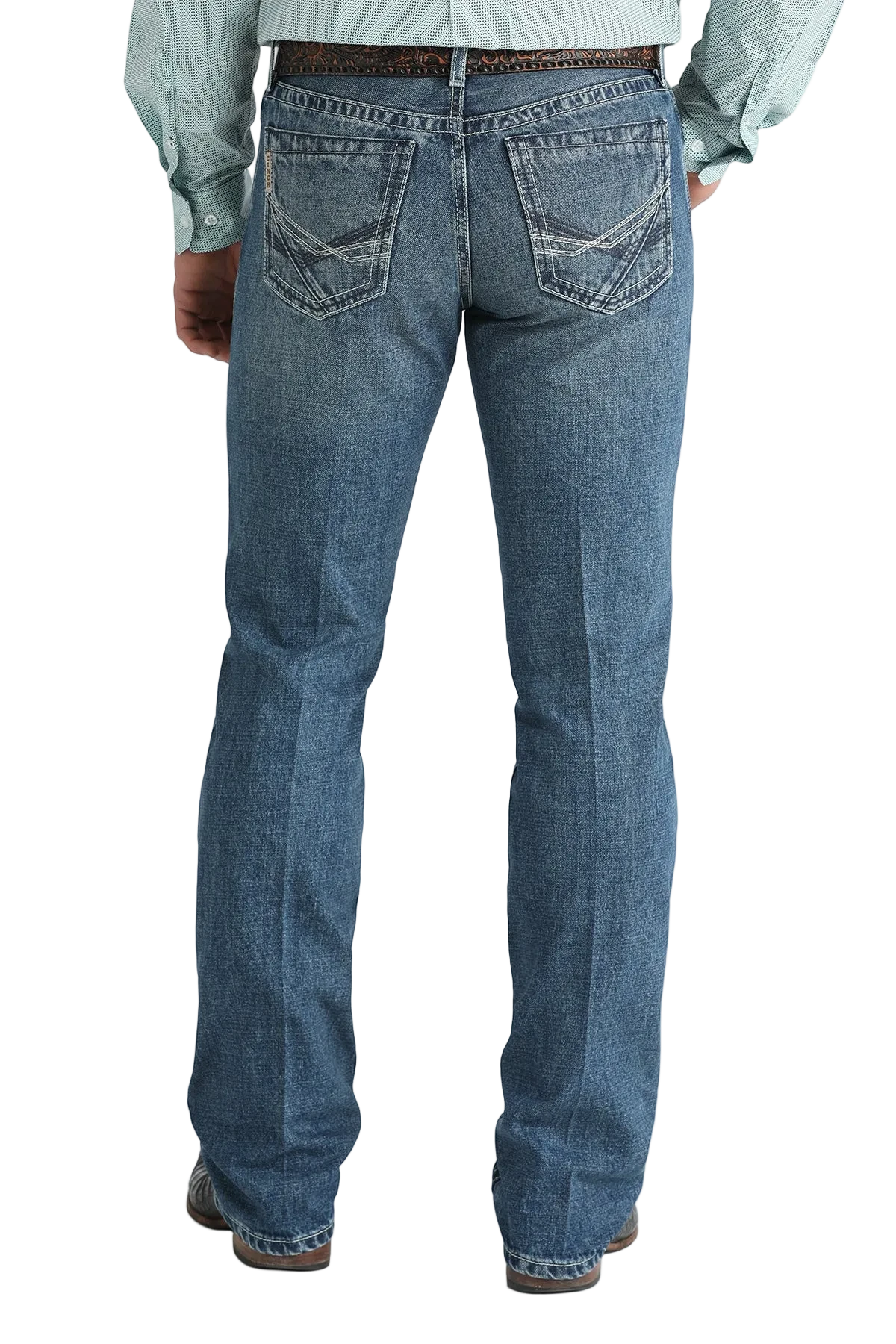 Person wearing blue jeans on a white background