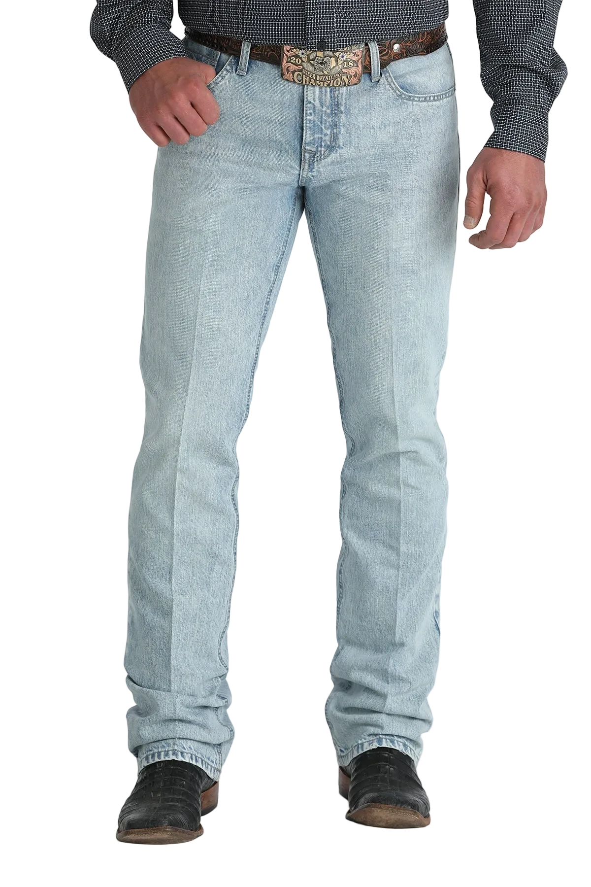 Light blue jeans worn by a person on a white background