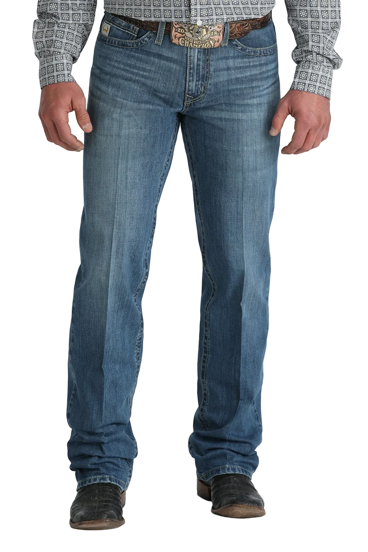 Person wearing blue jeans and a plaid shirt on a white background