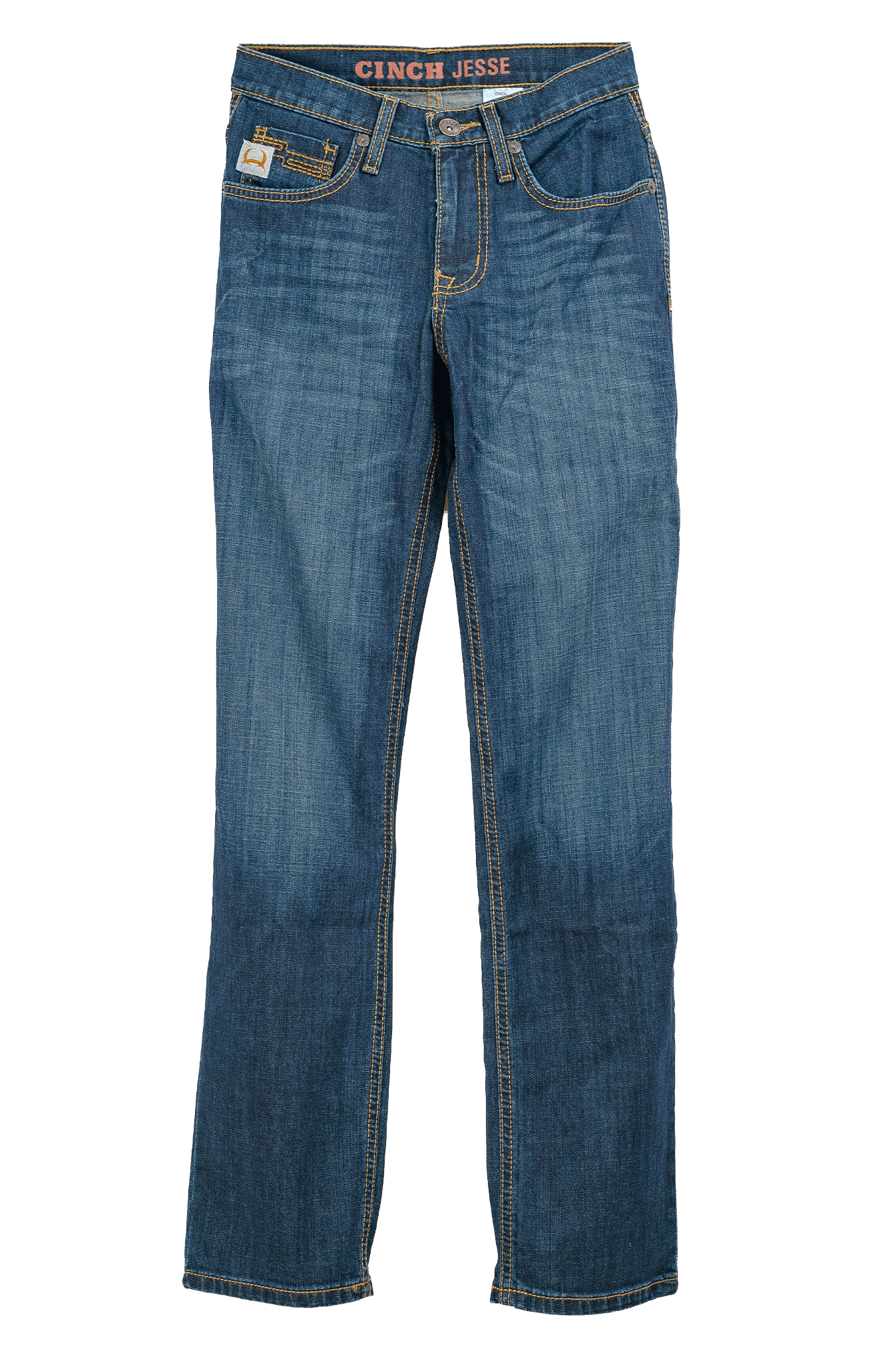 Blue jeans with Cinch Jesse branding on a white background