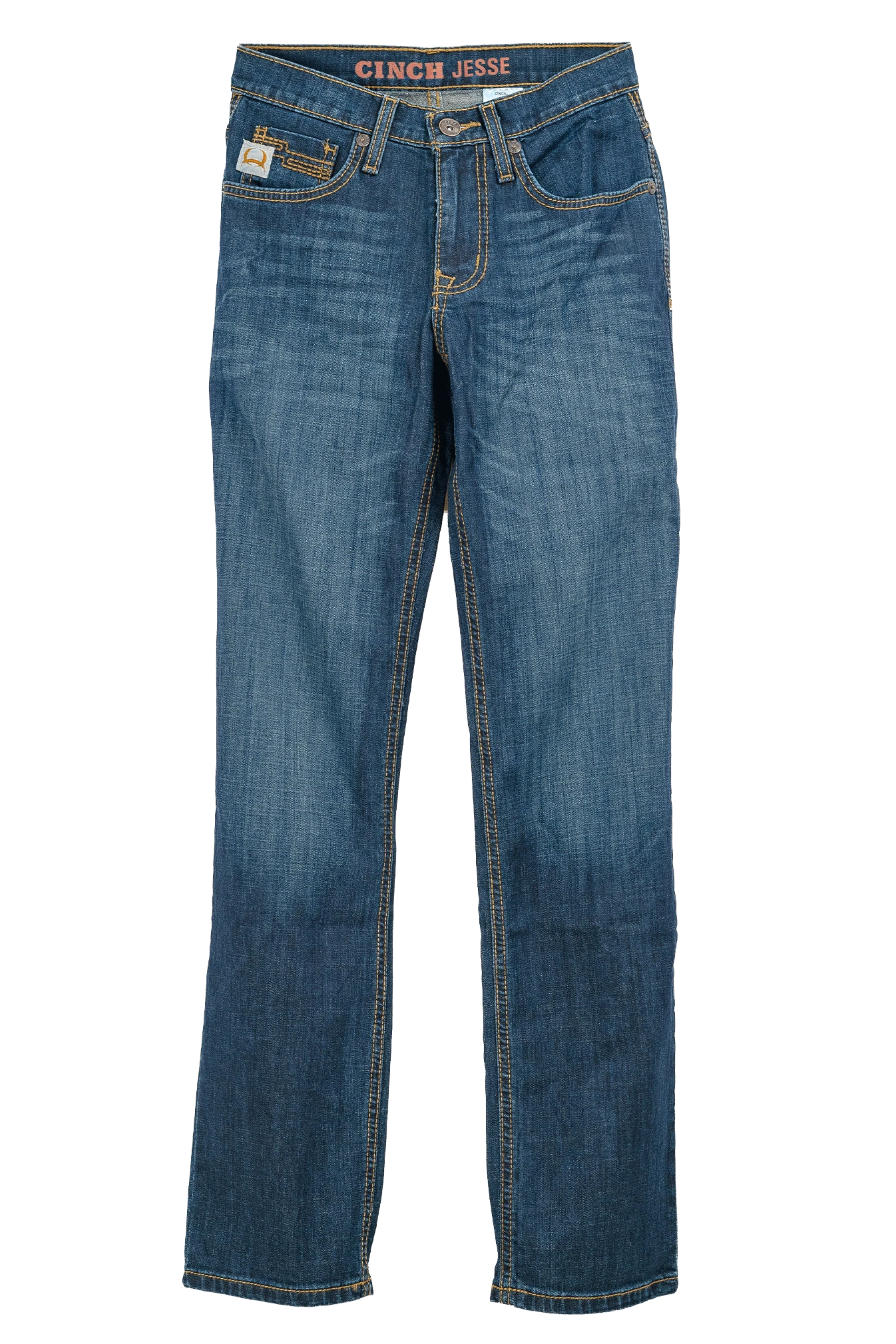 Blue jeans with Cinch Jesse branding on a white background