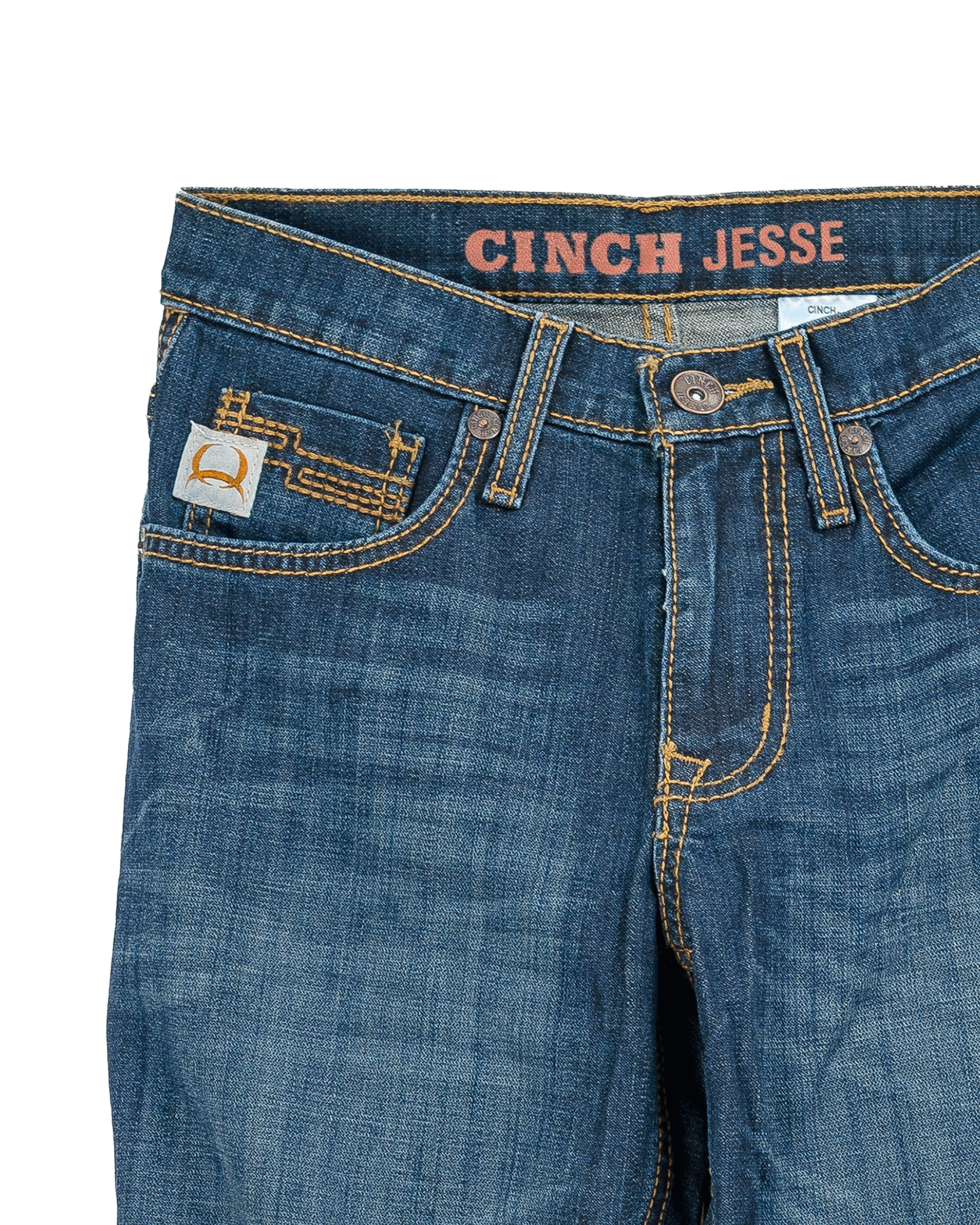 Blue jeans with 'CINCH JESSE' branding on a white background