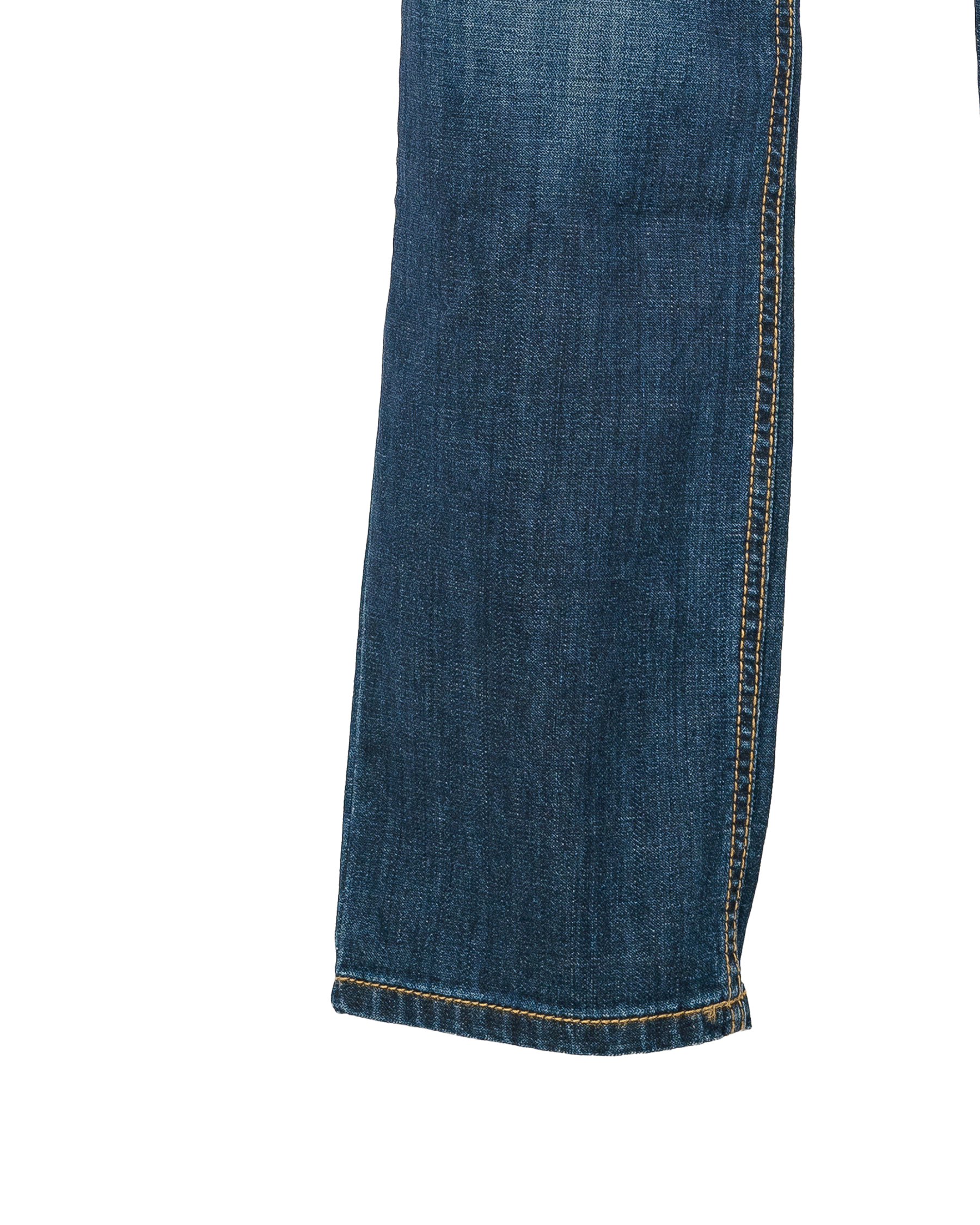 Close-up of blue denim jeans on a white background