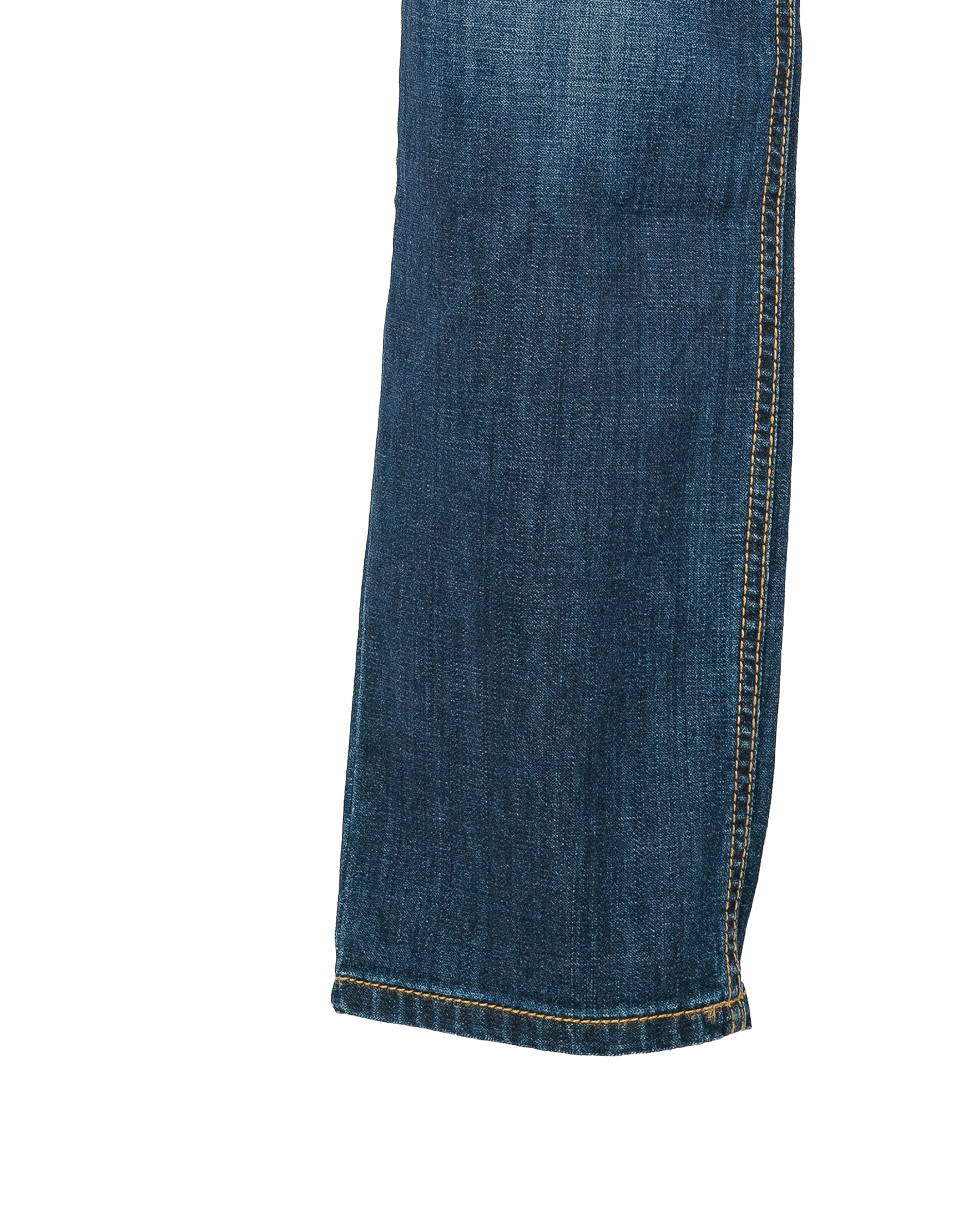 Close-up of blue denim jeans on a white background