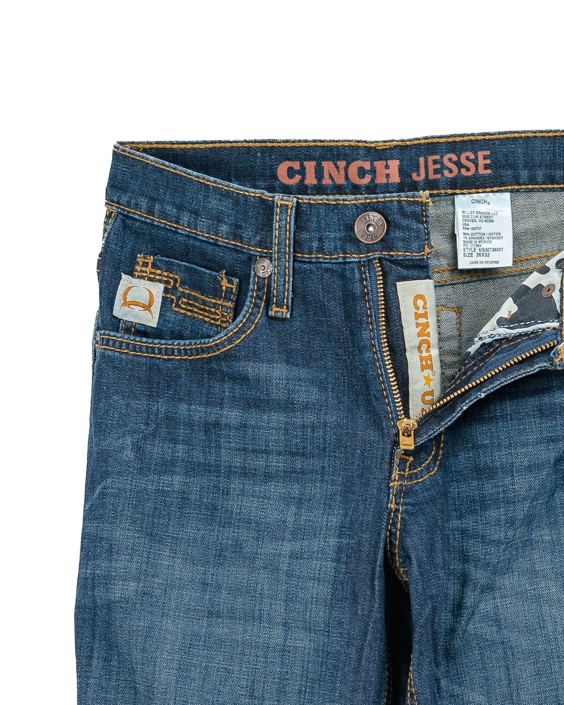 Close-up of blue jeans with 'CINCH JESSE' branding on a white background