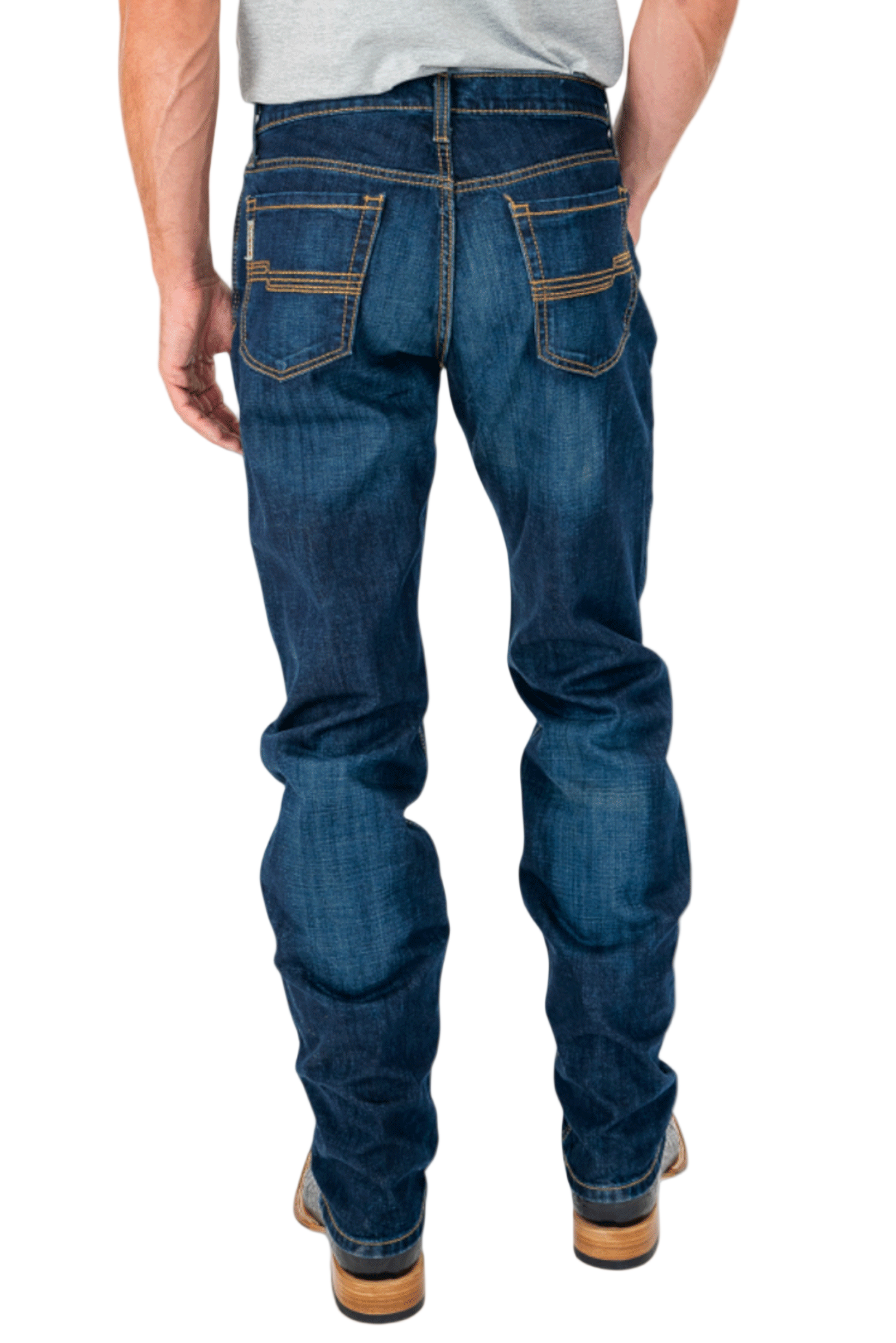 Person wearing blue jeans on a white background