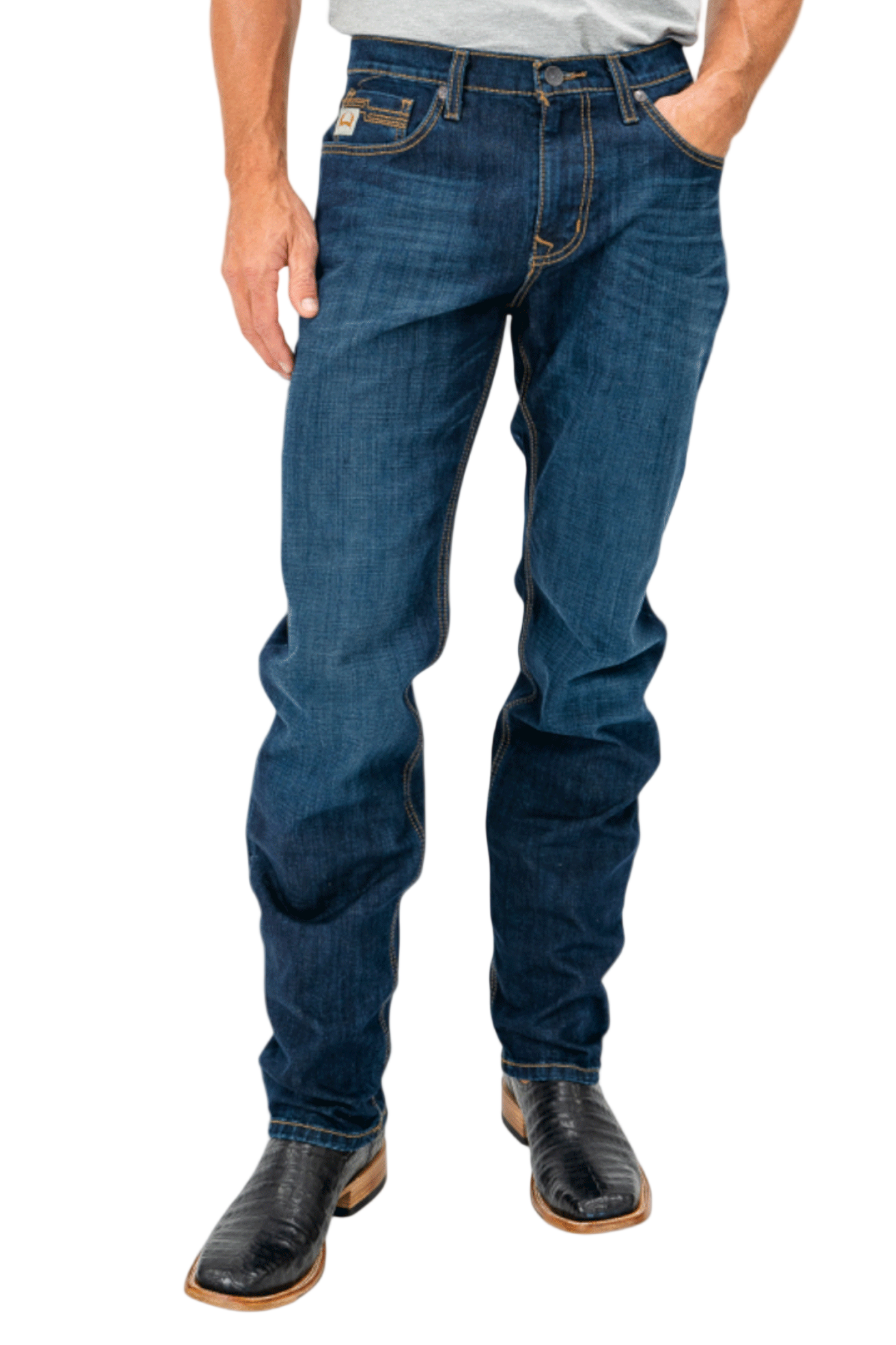 Person wearing blue jeans on a white background