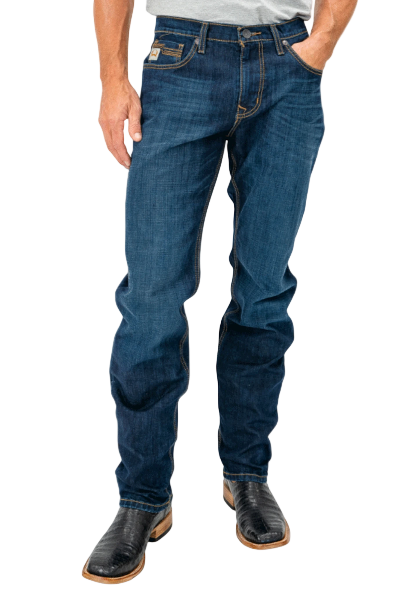 Person wearing blue jeans on a white background