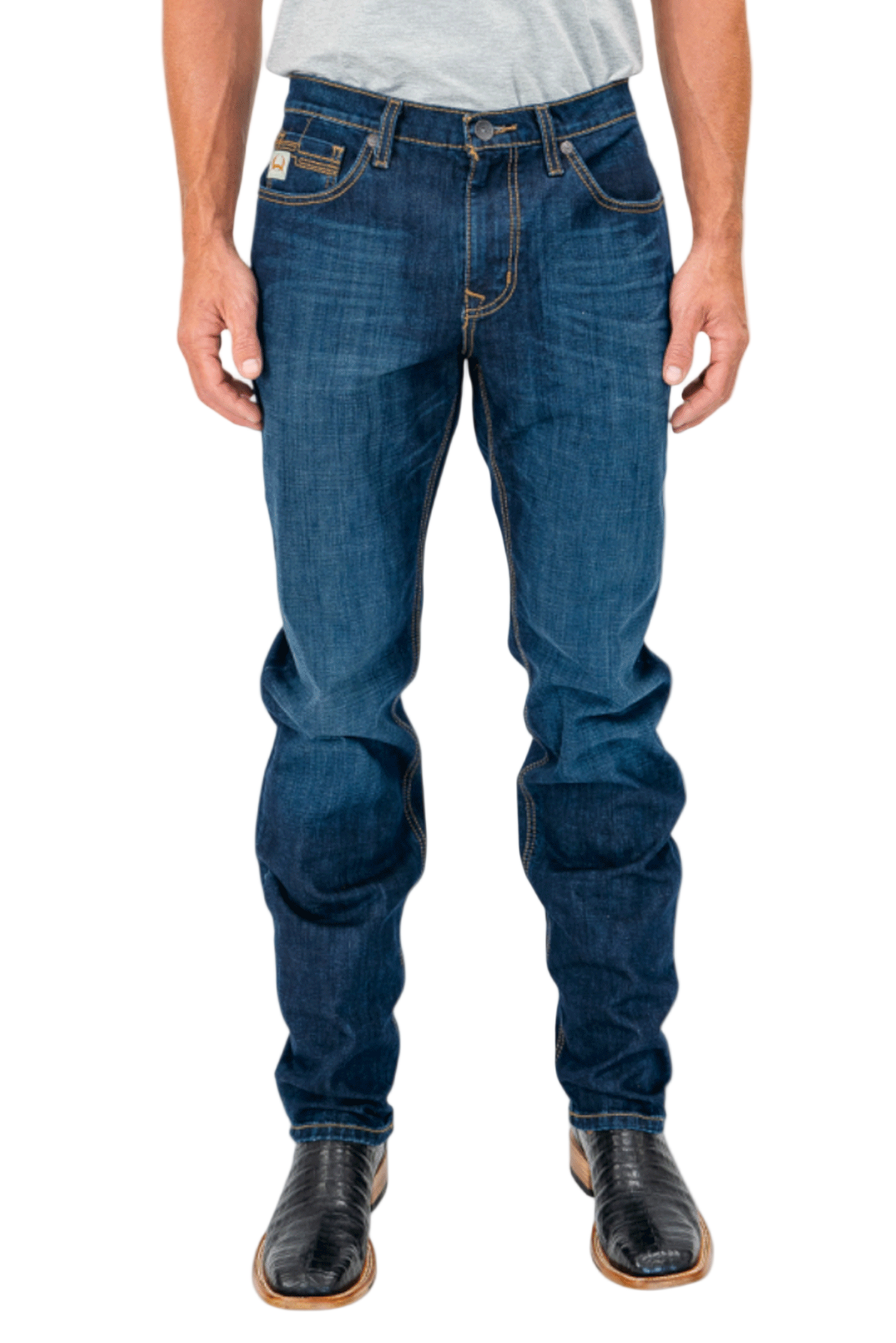 Person wearing blue jeans on a white background