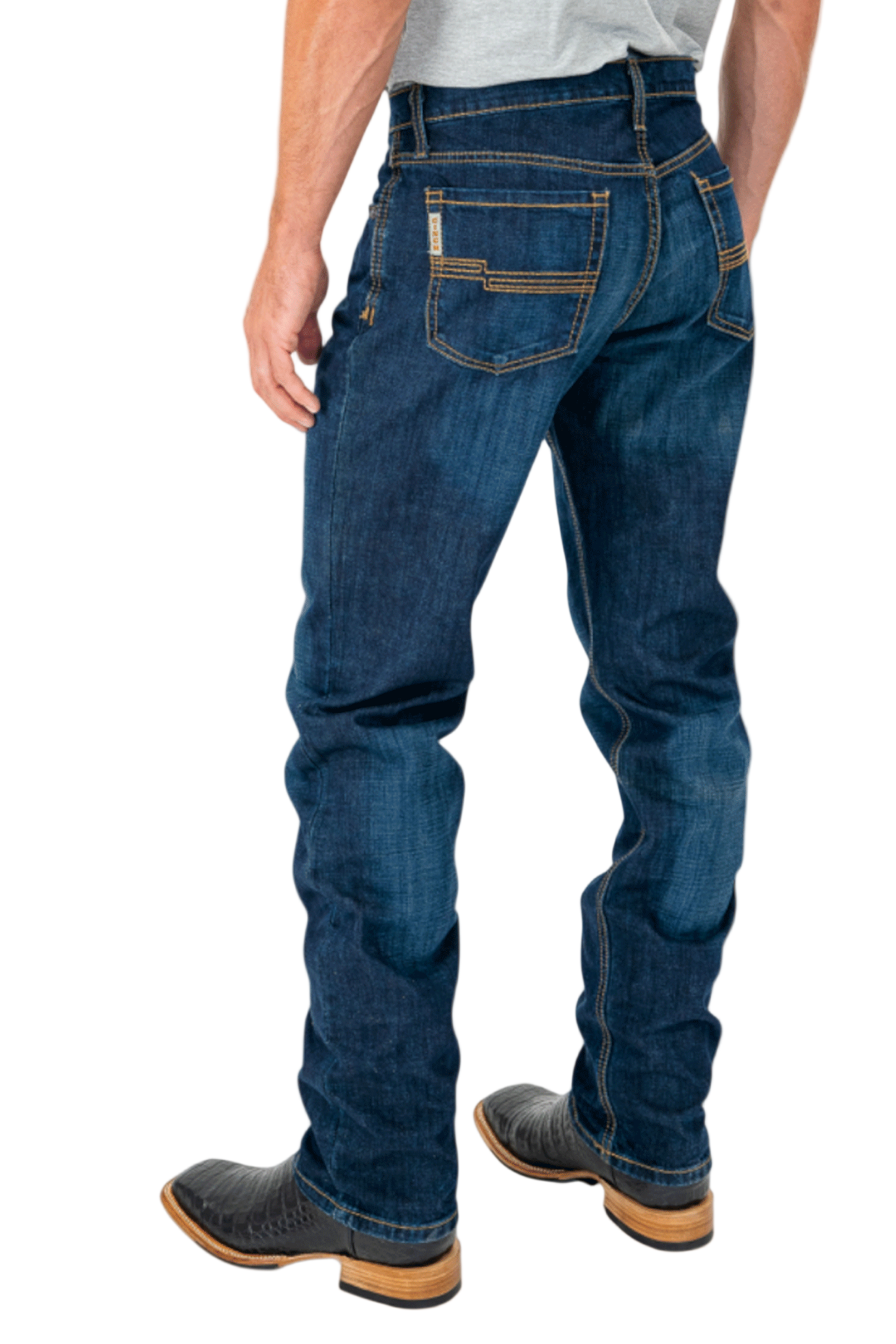 Person wearing blue jeans on a white background