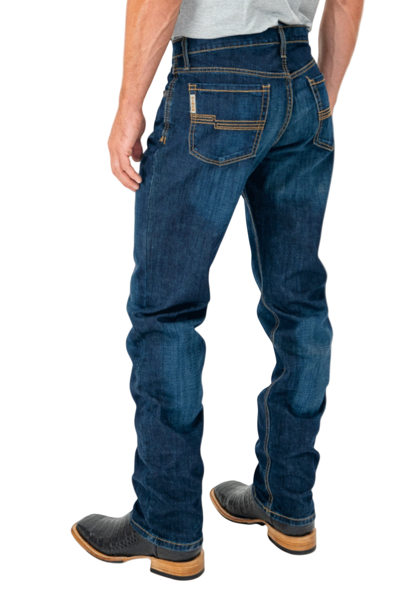 Person wearing blue jeans on a white background
