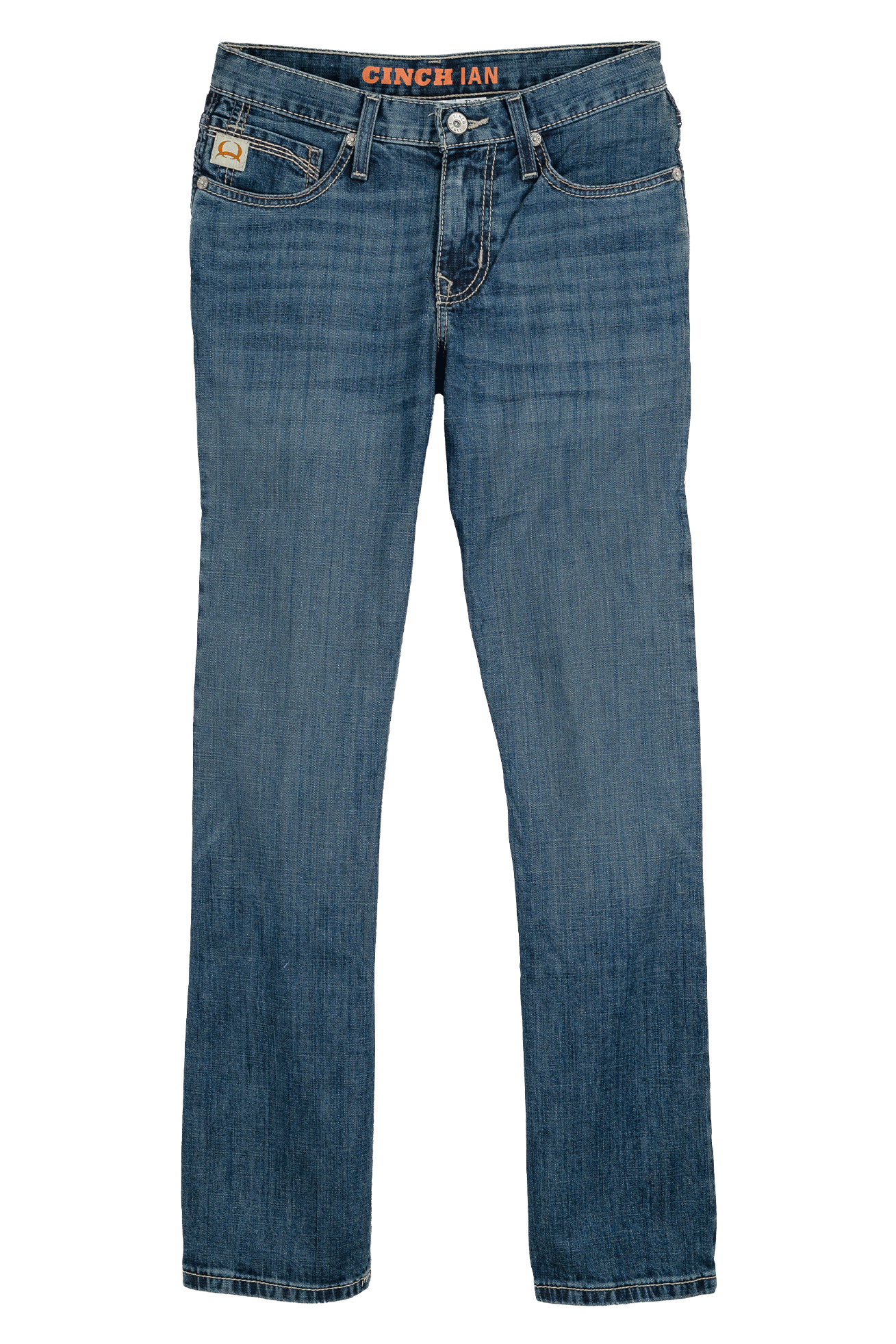 Blue jeans with a brand logo on a white background