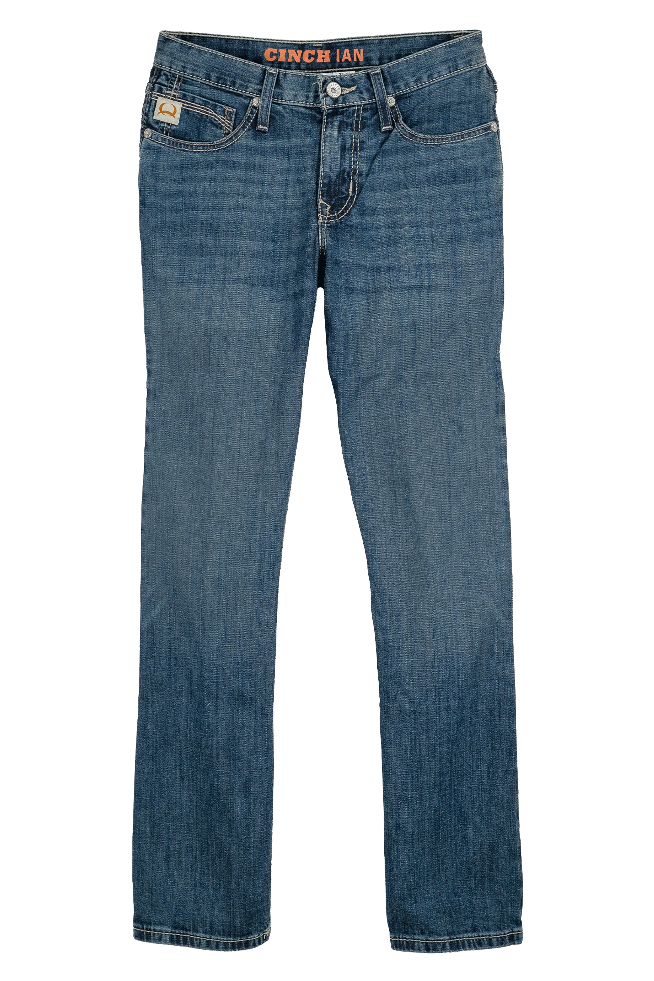 Blue jeans with a brand logo on a white background