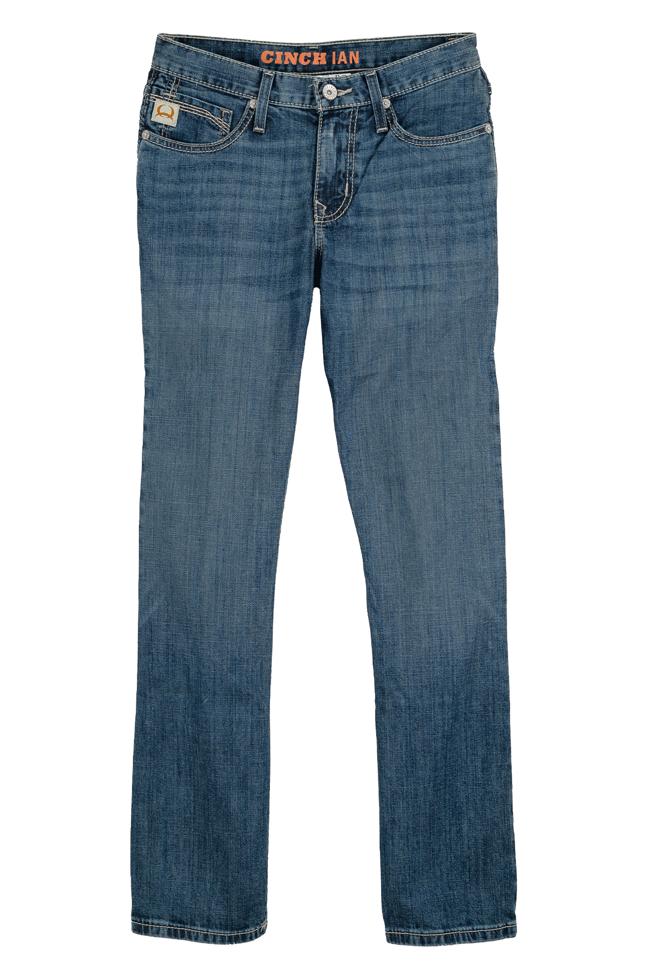 Blue jeans with a brand logo on a white background