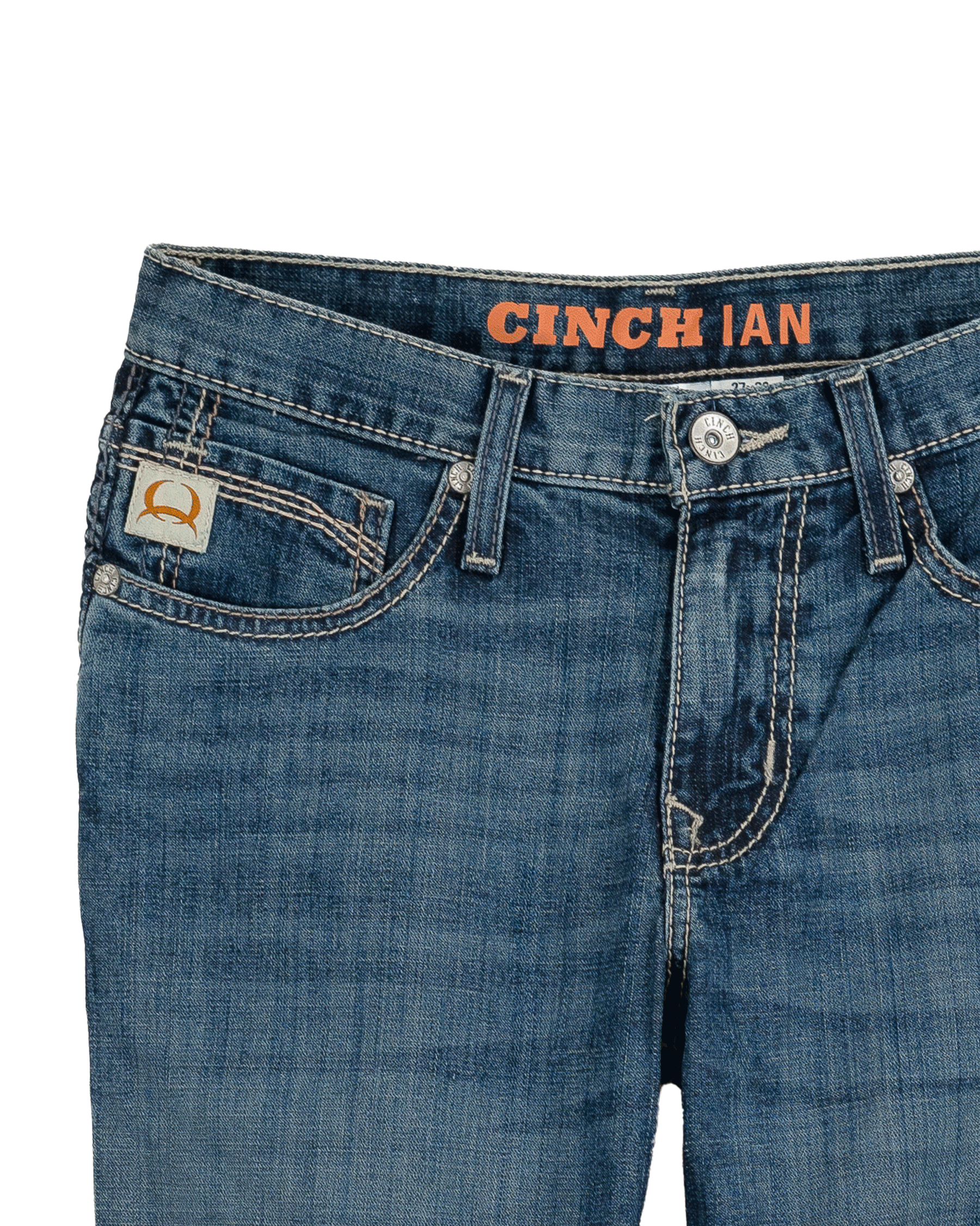 Blue jeans with 'Cinch' branding on a white background