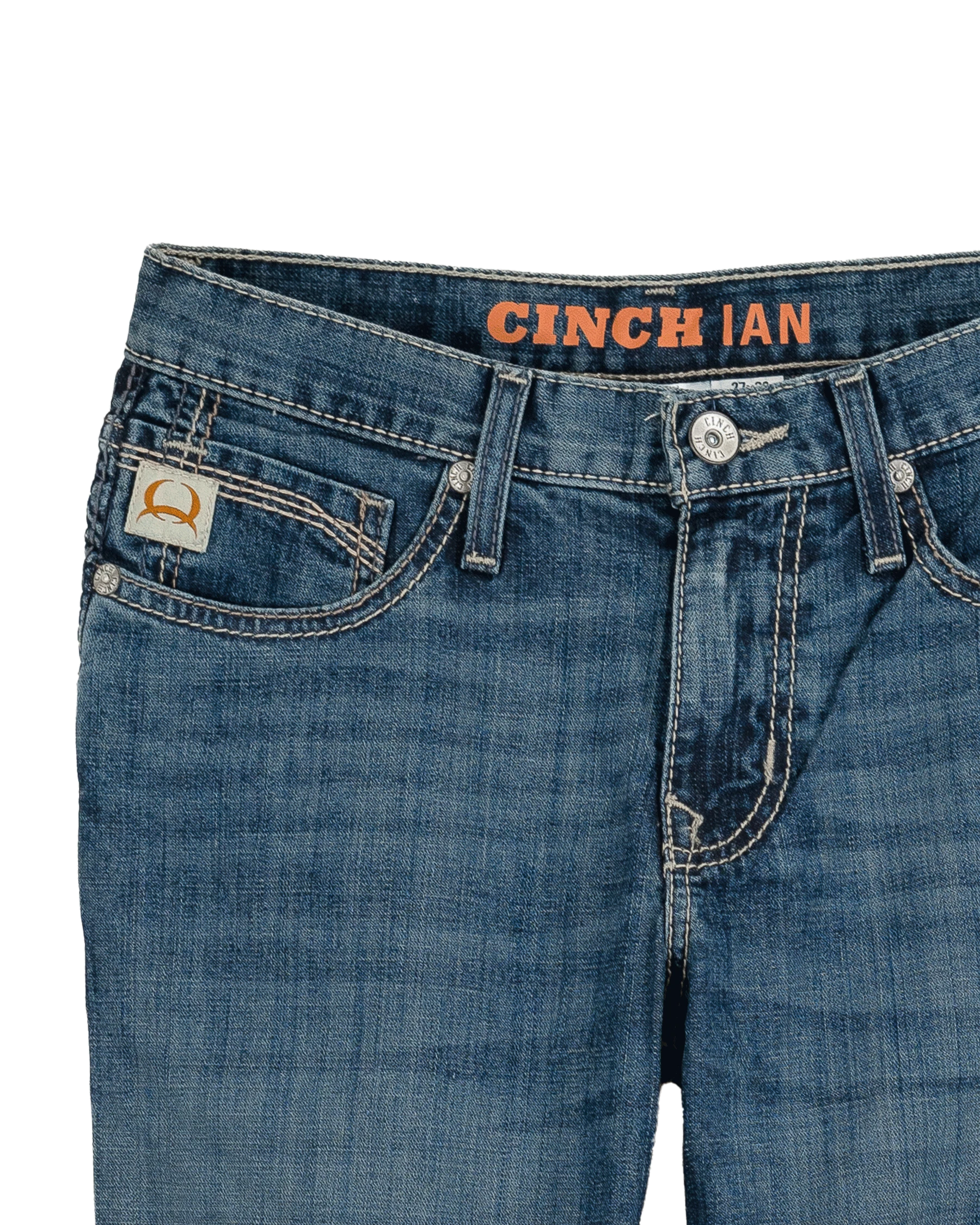 Blue jeans with 'Cinch' branding on a white background