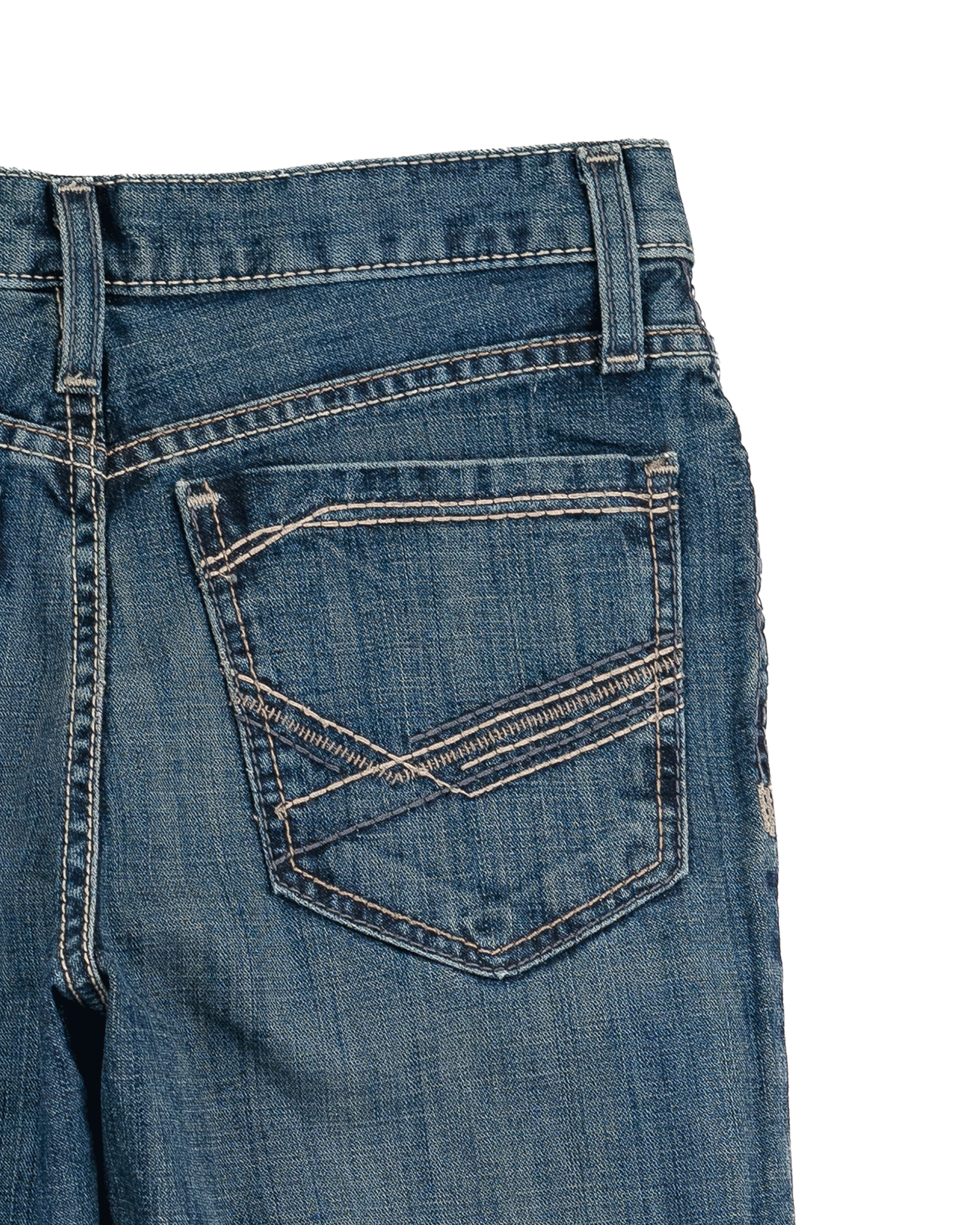 Close-up of blue jeans with a pocket on a white background