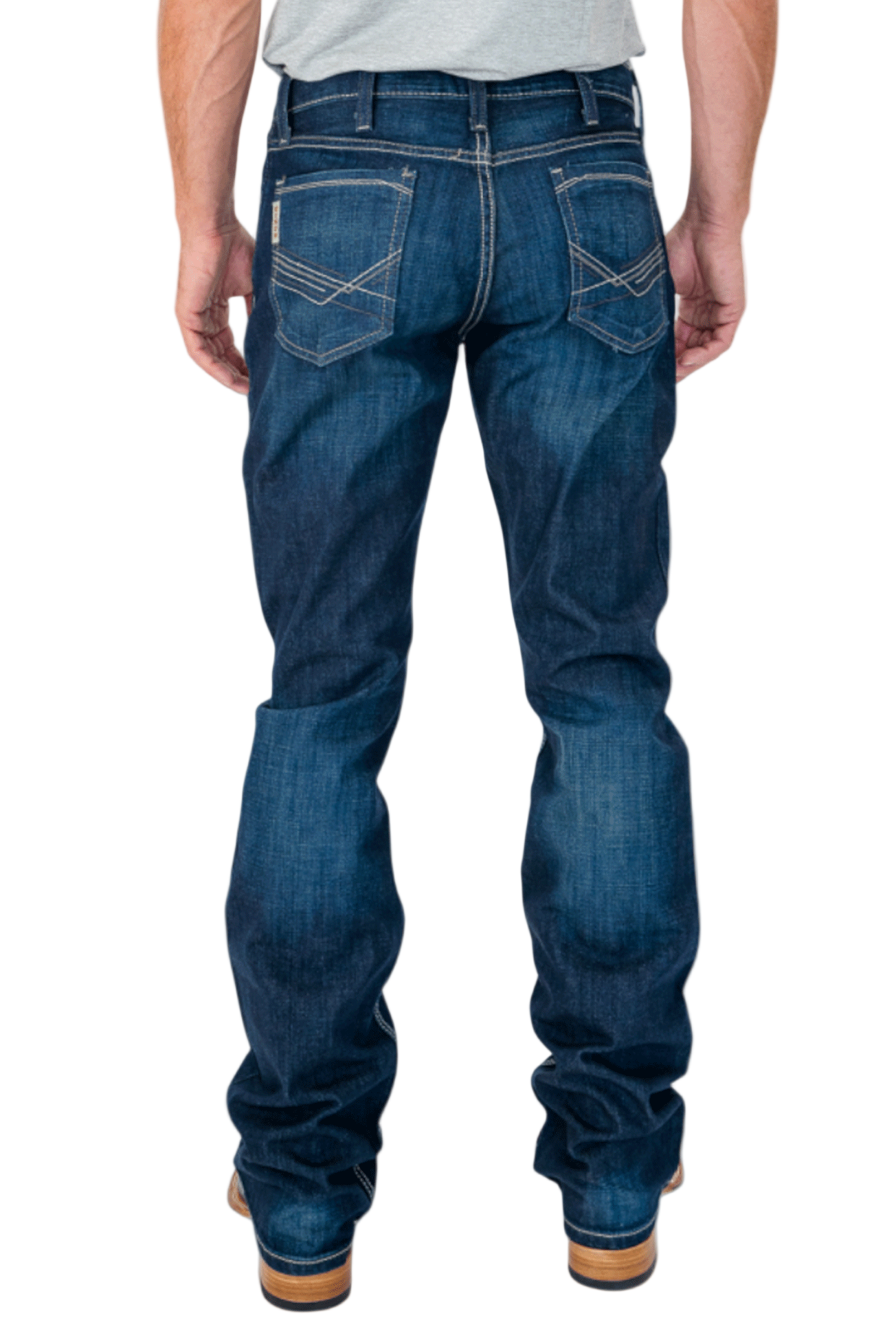 Person wearing blue jeans on a white background