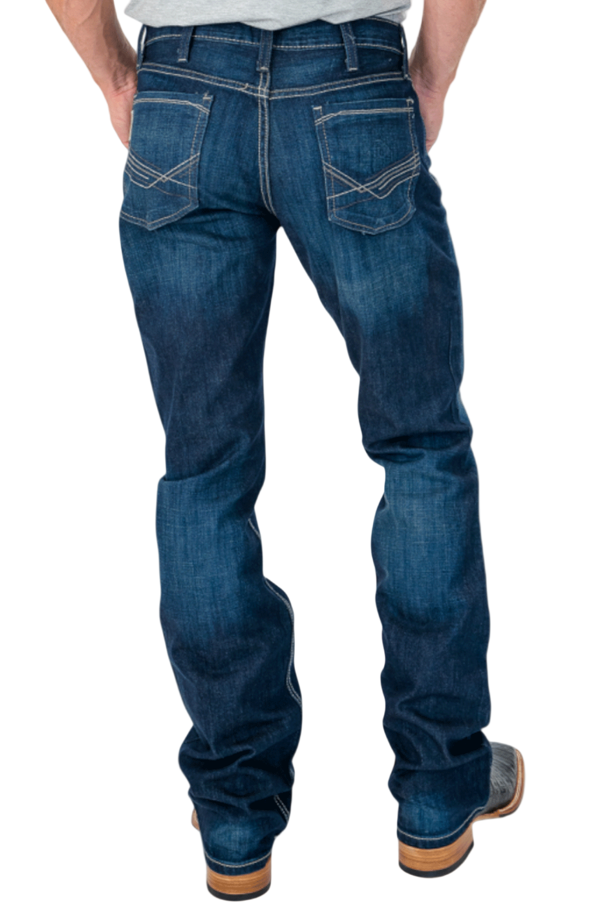 Person wearing blue jeans on a white background