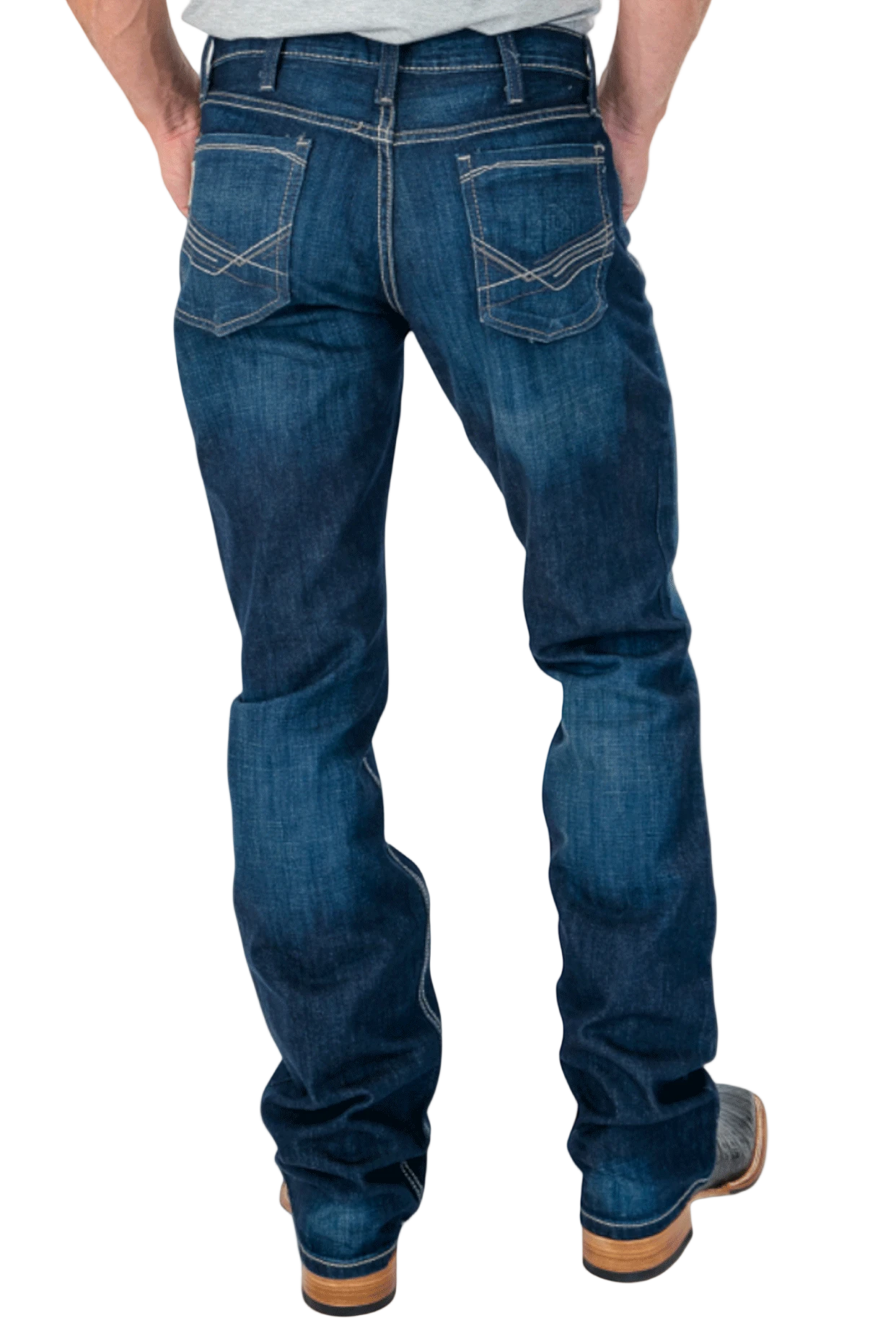 Person wearing blue jeans on a white background
