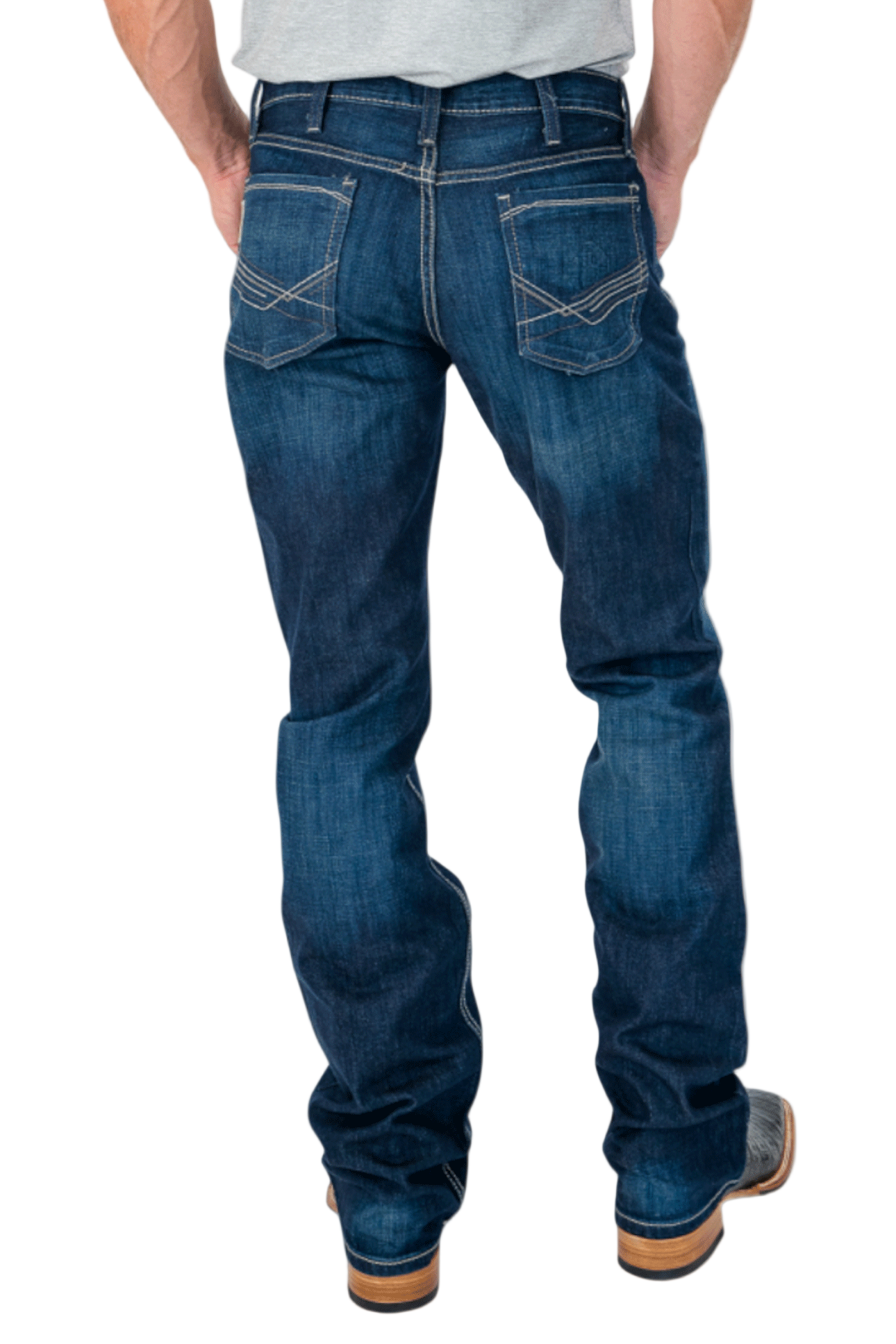 Person wearing blue jeans on a white background