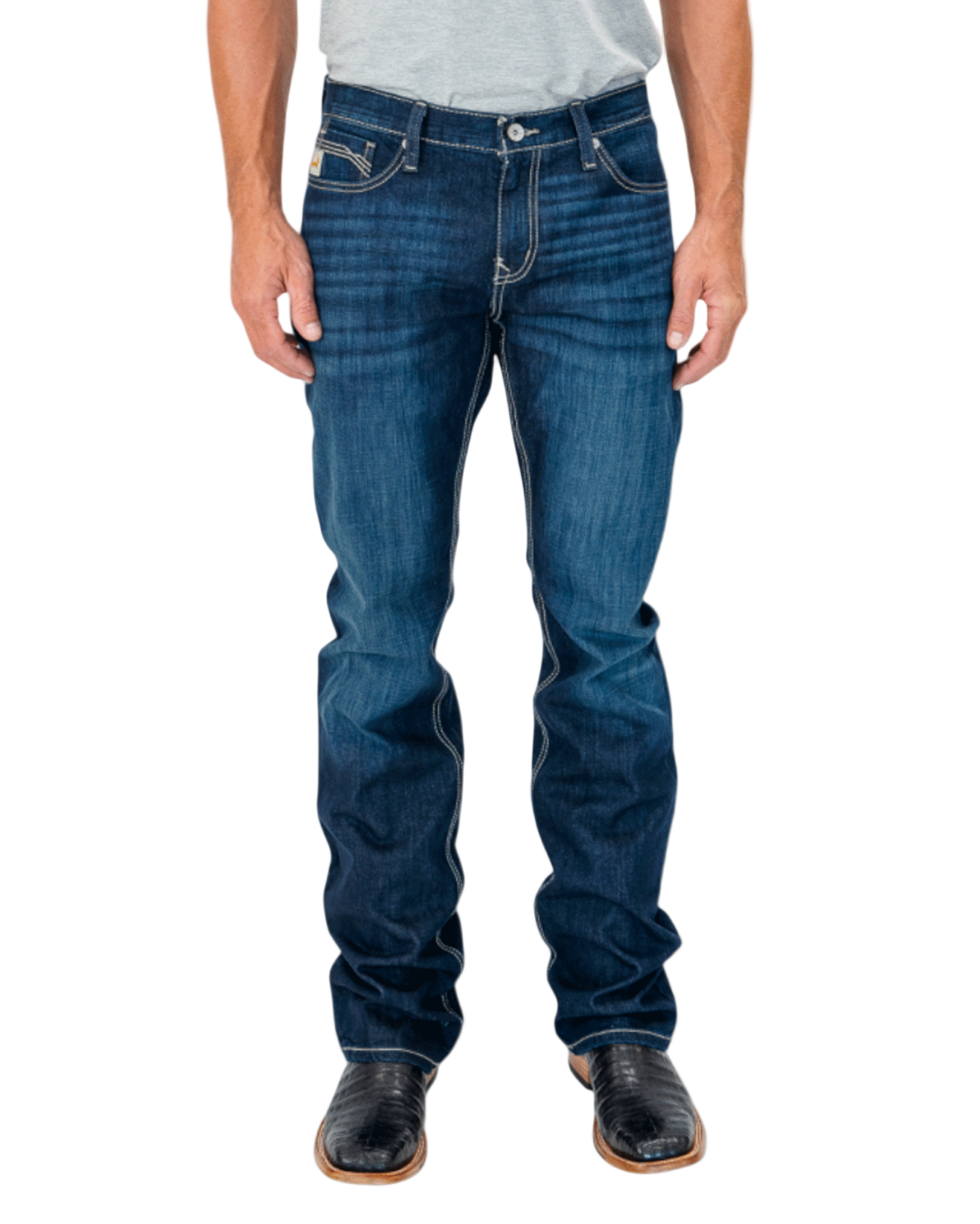 Person wearing blue jeans on a white background