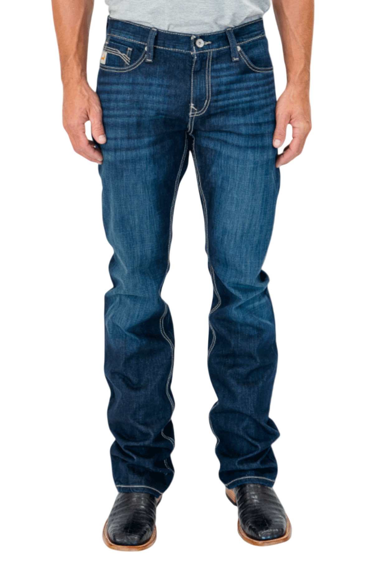 Person wearing blue jeans on a white background