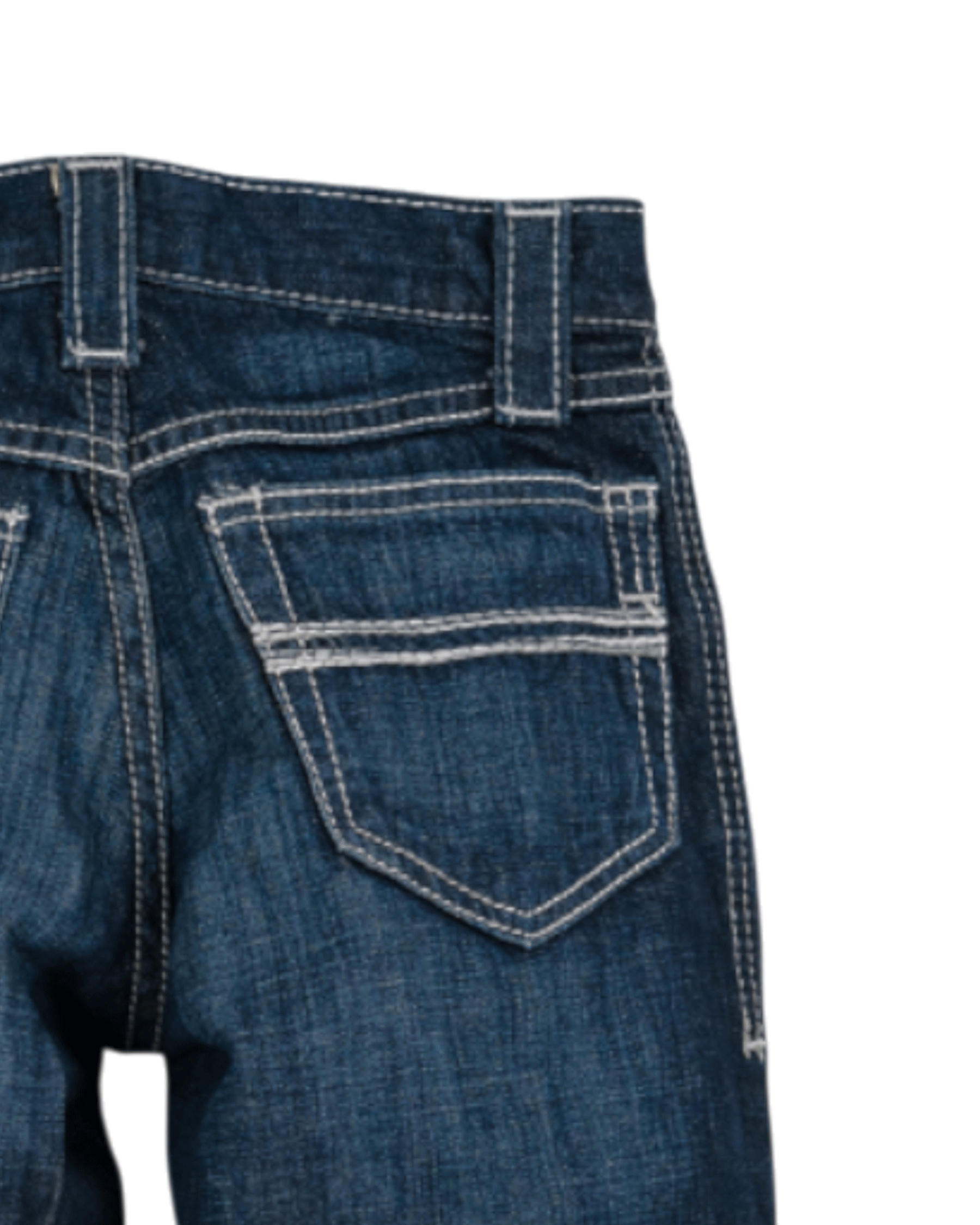 Back view of dark denim jeans on a transparent background