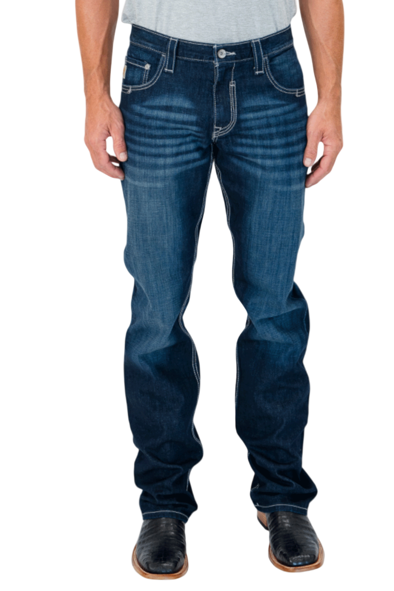 Person wearing blue jeans on a white background