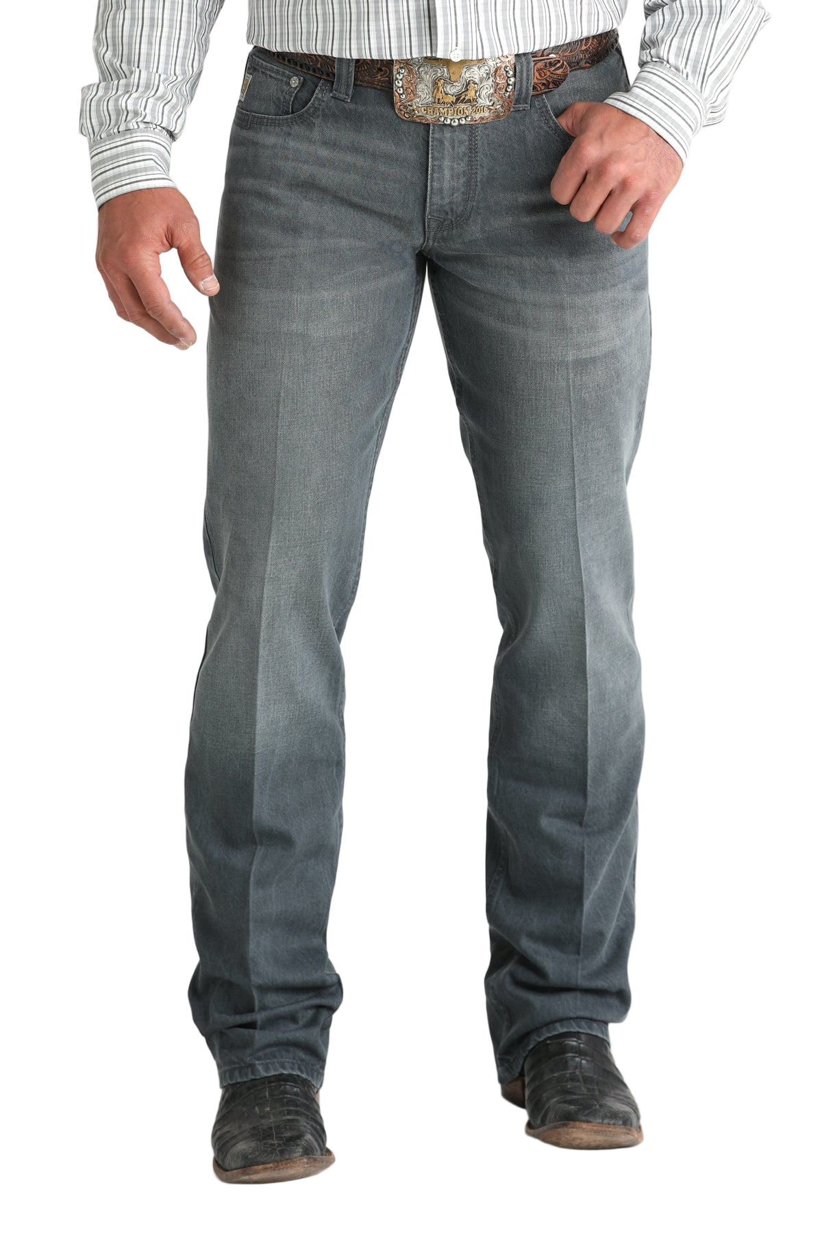 Person wearing gray jeans and a striped shirt on a white background