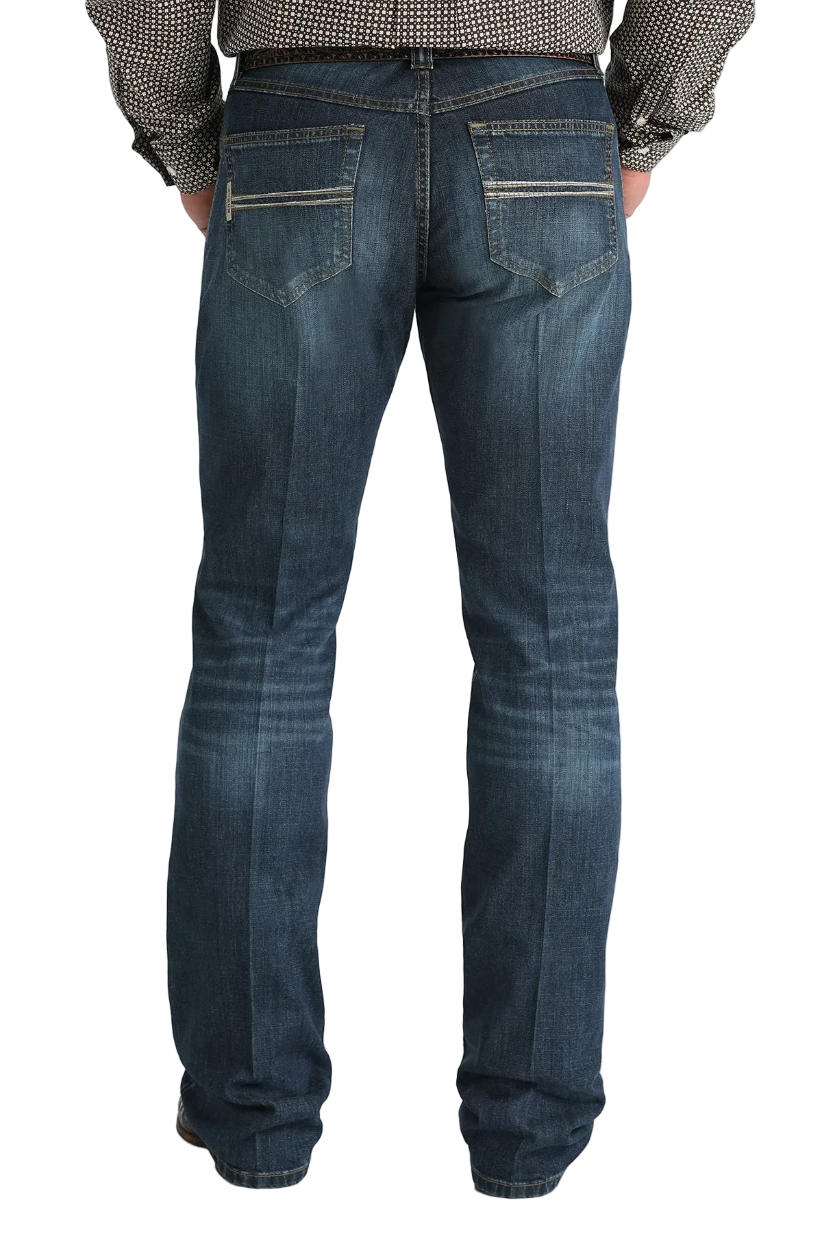 Blue jeans worn by a person on a white background