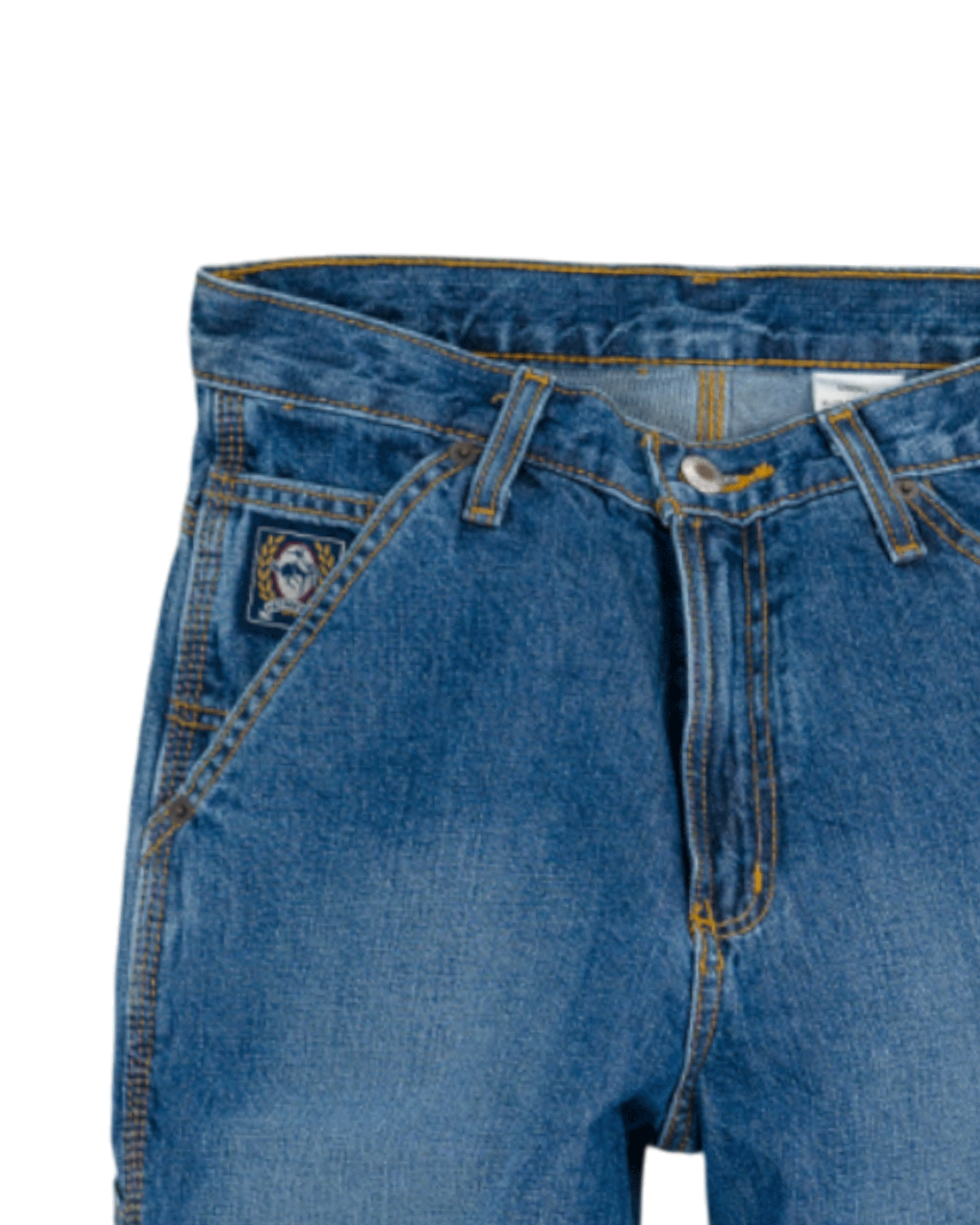 Close-up of blue jeans with a visible brand logo on a white background