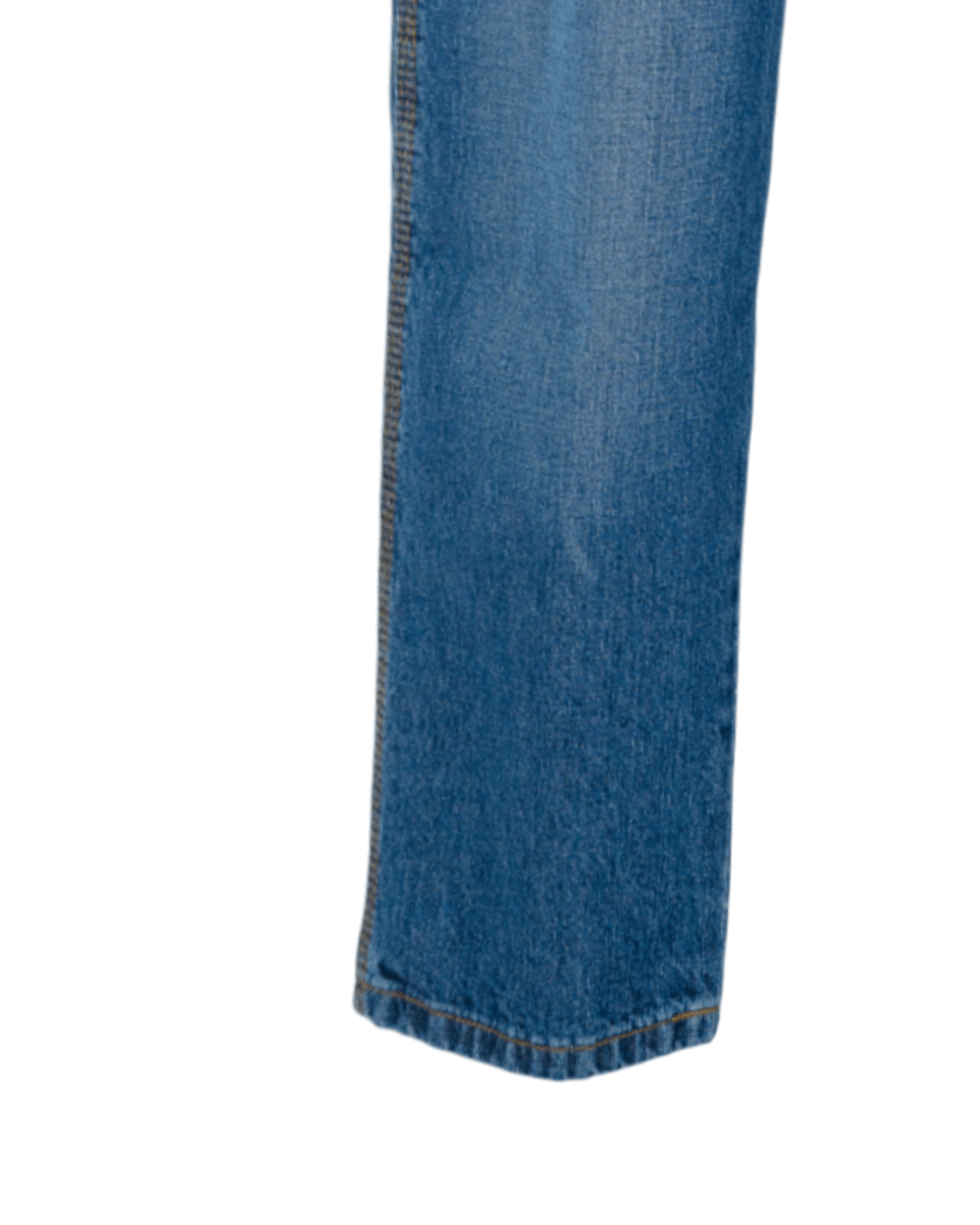 Close-up of blue jeans leg on a white background