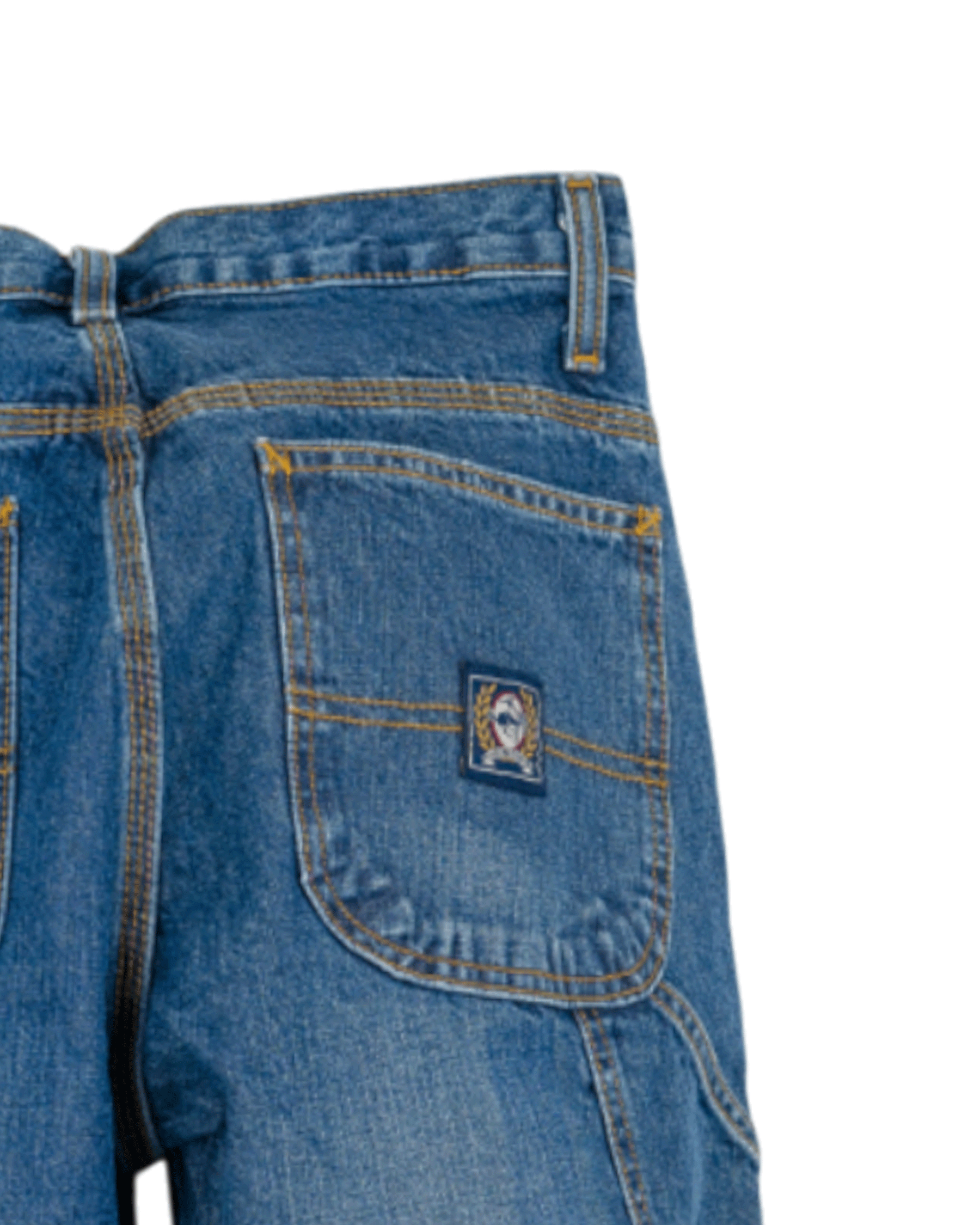 Close-up of blue jeans with a brand logo on the pocket against a white background
