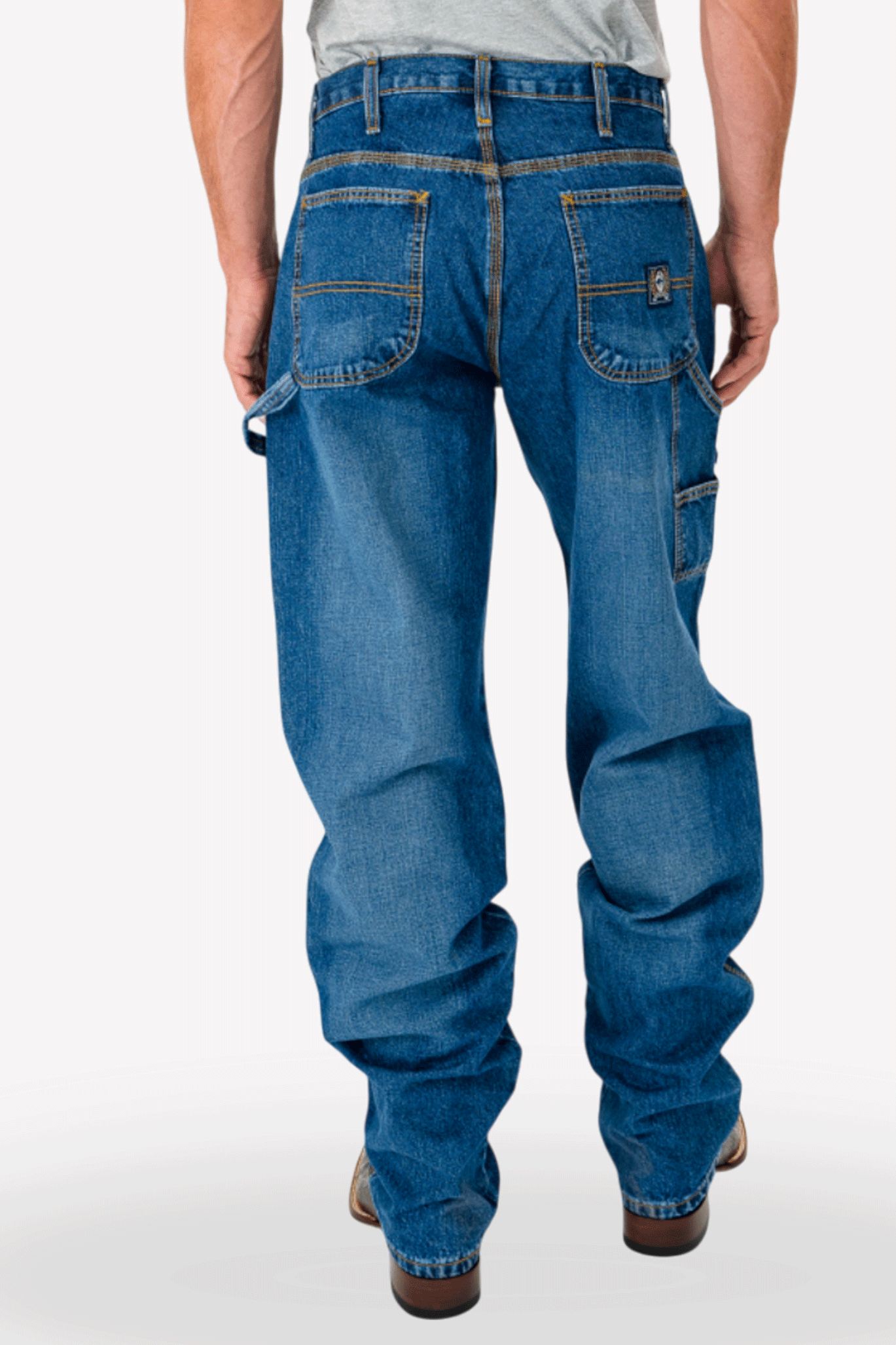 Person wearing blue jeans on a white background
