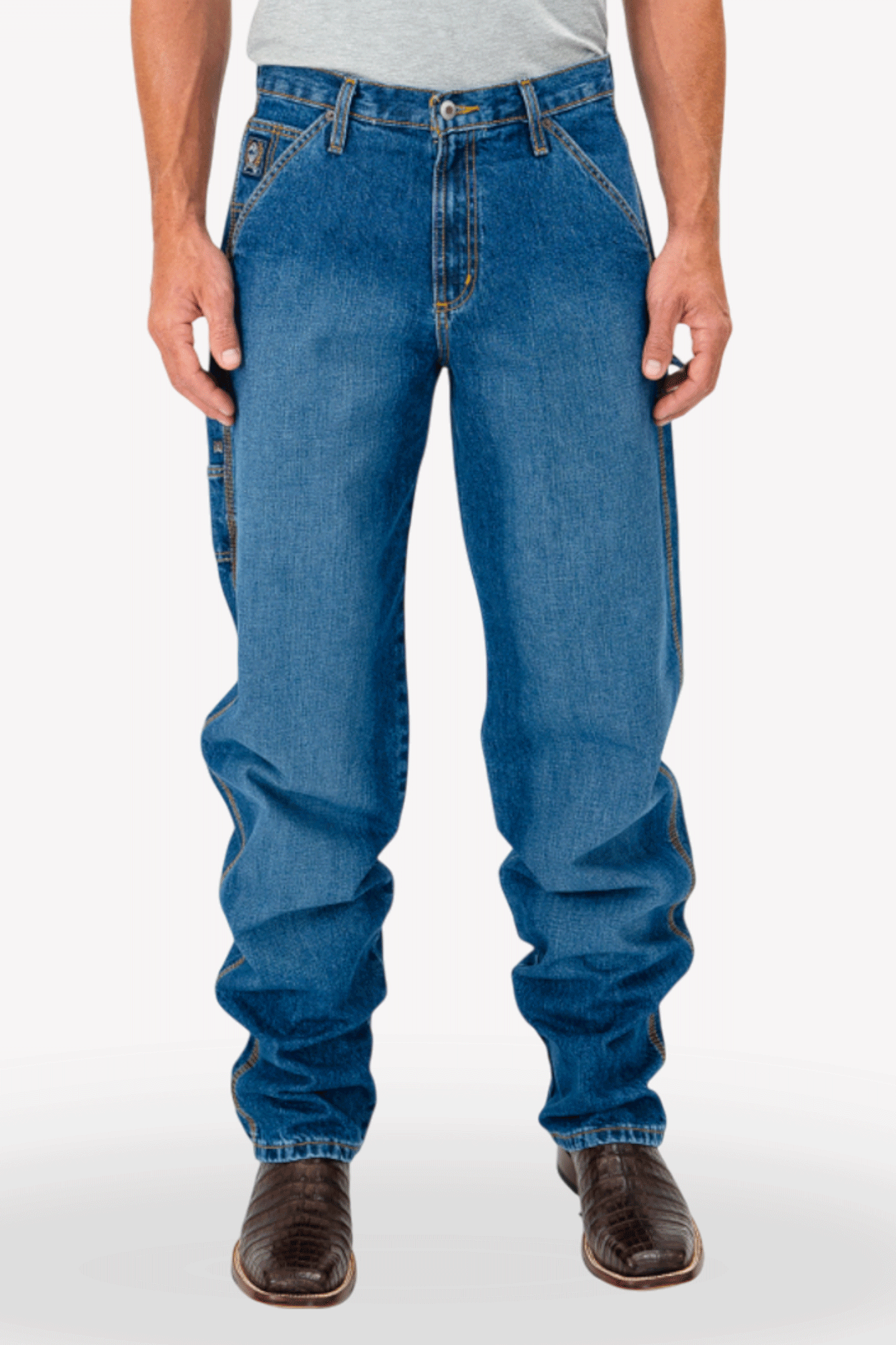 Person wearing blue jeans on a white background