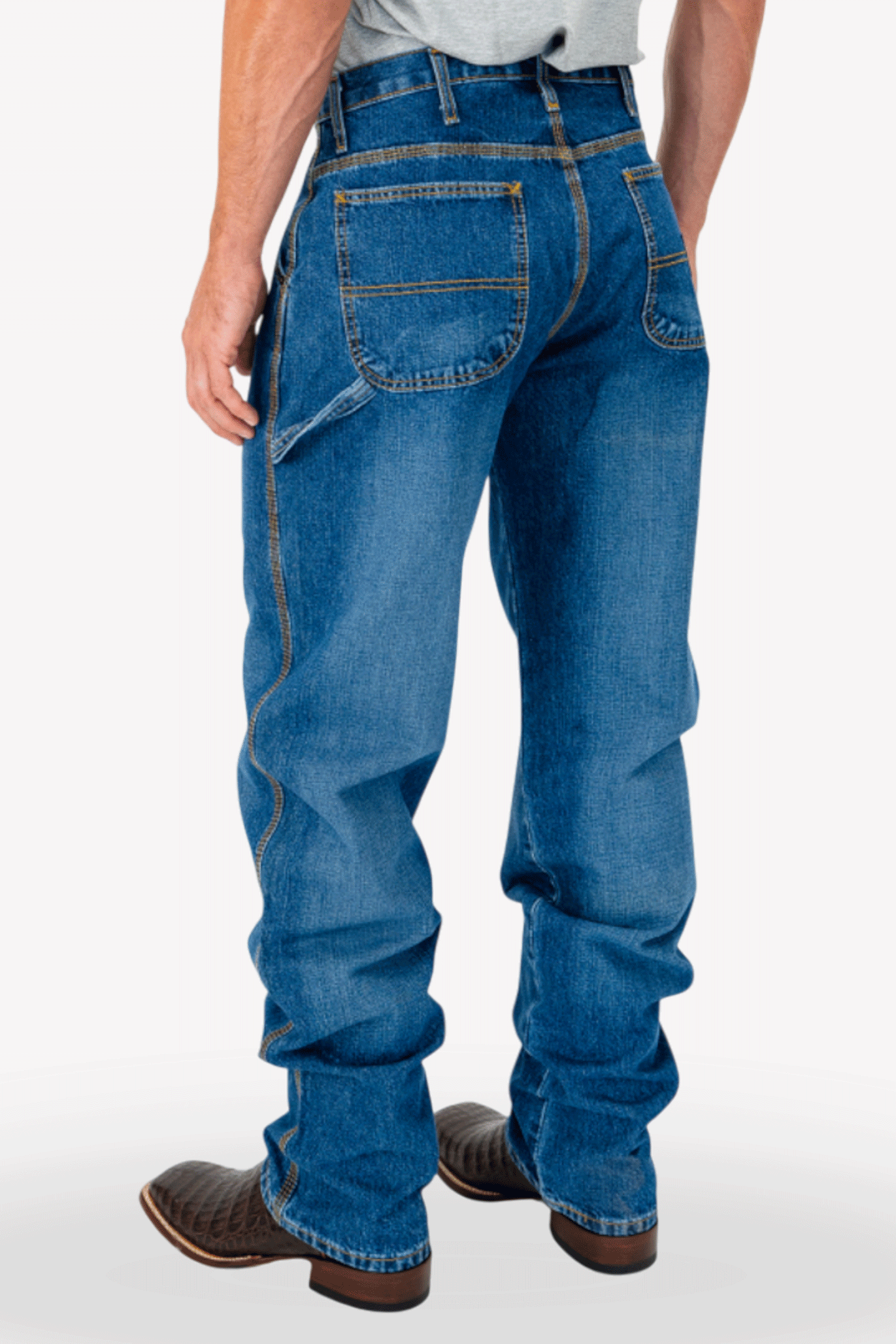 Person wearing blue jeans on a white background