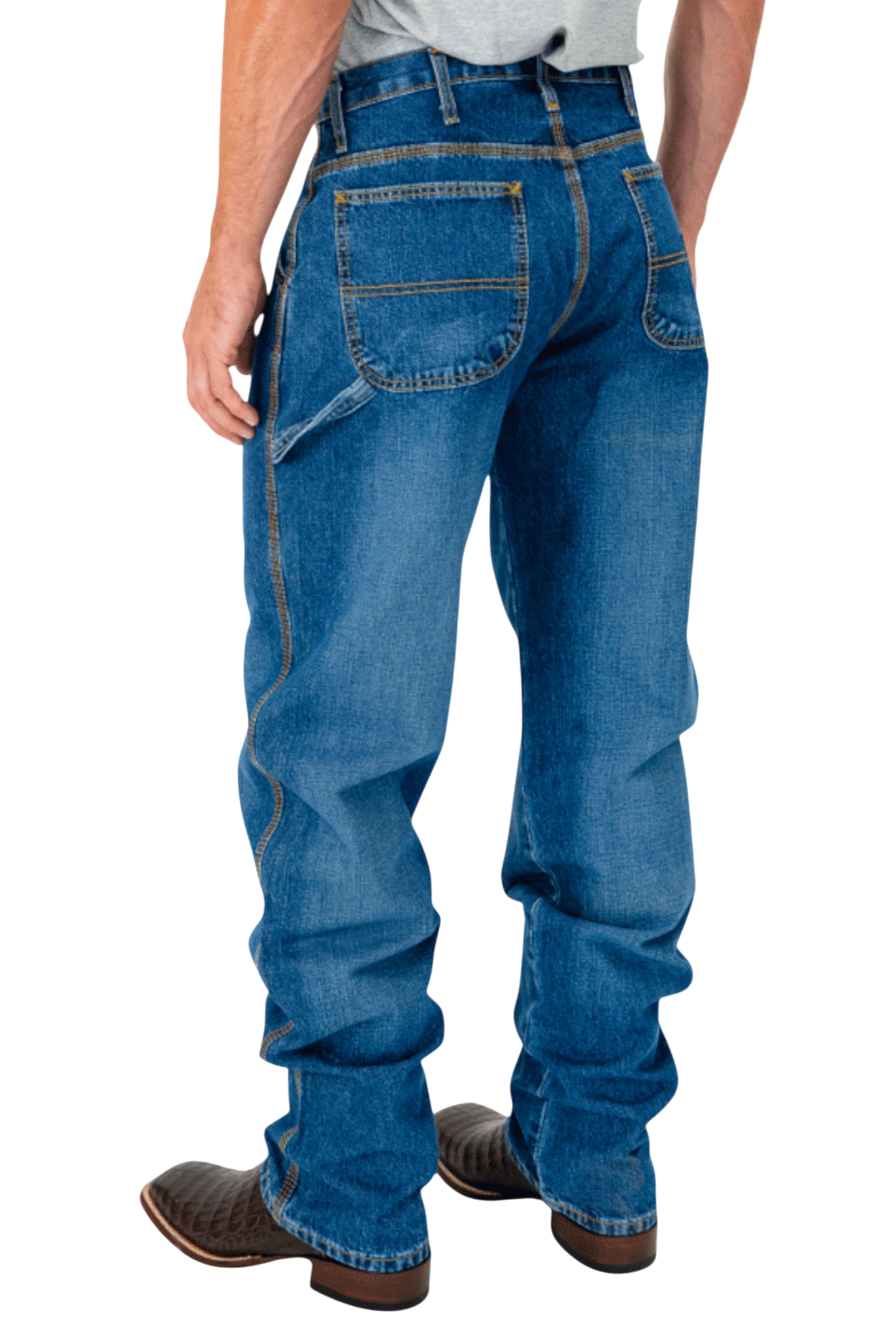 Person wearing blue jeans on a white background